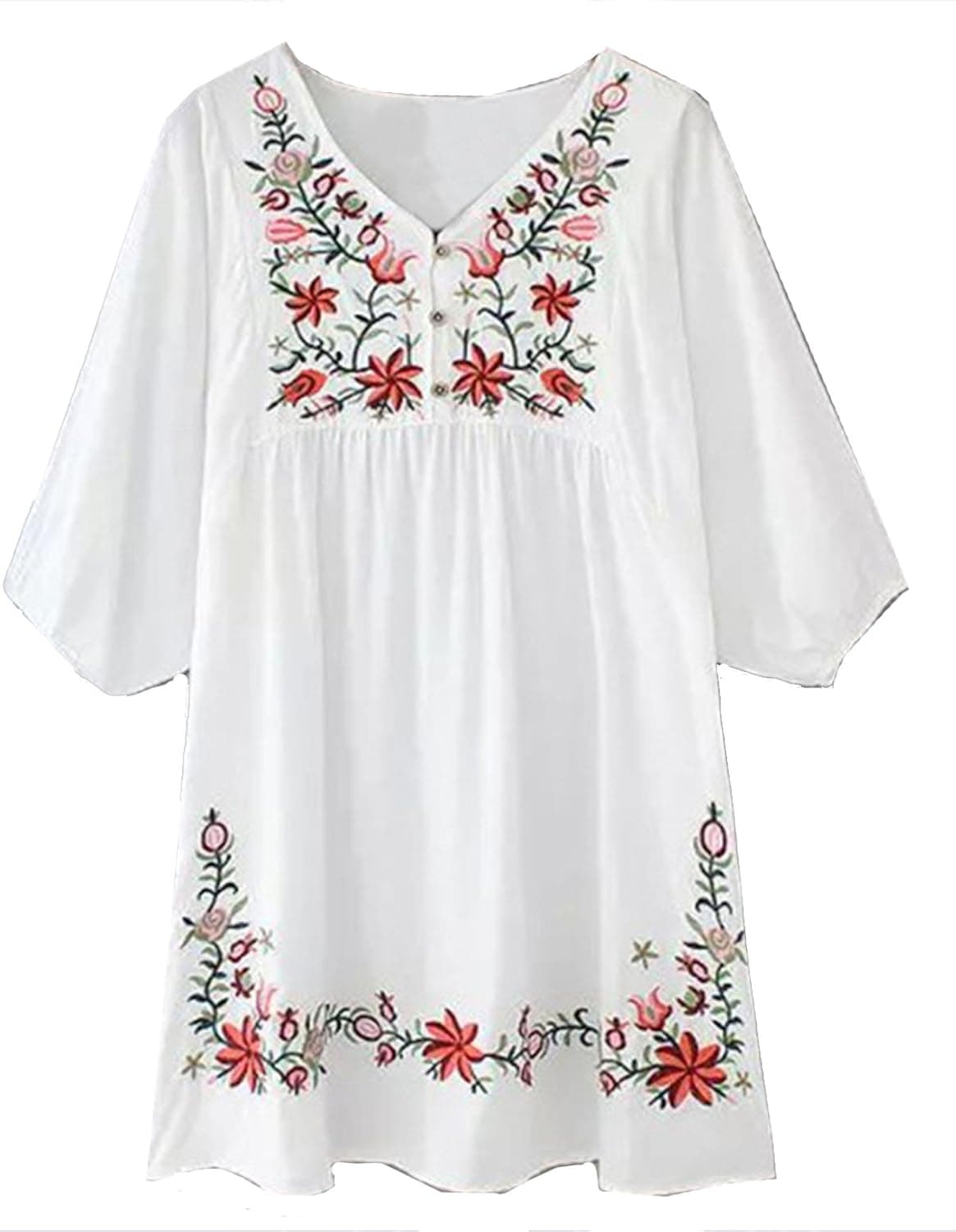 Sheinside Women's White V Neck Embroidered Loose Dress
