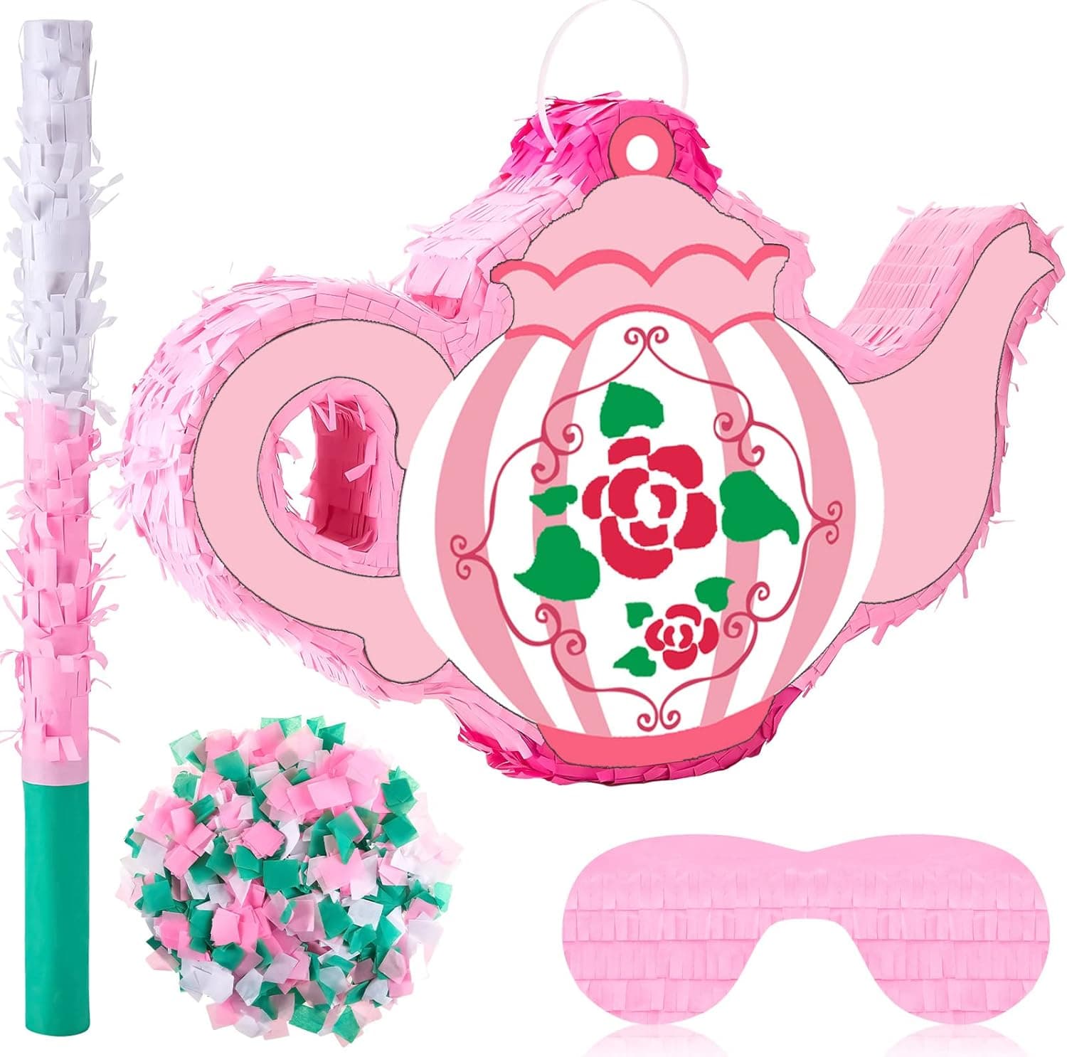 Tea Pot Pinata Party Decorations Bundle with a Blindfold Pinata Stick and Confetti Teapot Pinata Set Birthday Game Favors Pink Princess Girls Little Kid