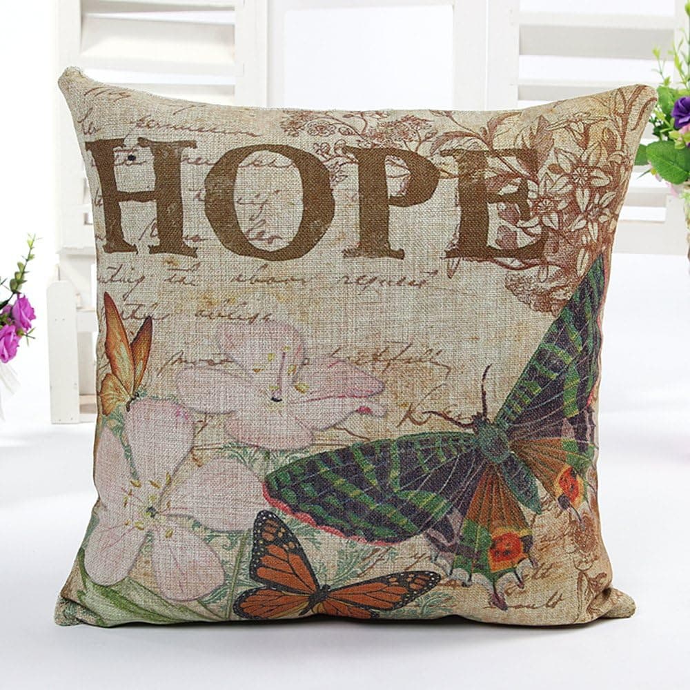 4TH Emotion Butterfly Retro Home Decor Design Throw Pillow Cover Pillow Case 18 x 18 Inch Cotton Linen for Sofa(Hope)
