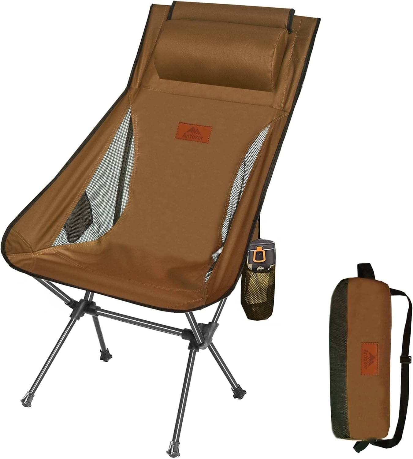 AnYoker Camping Chair, High-Back Compact Backpacking Chair, Portable Folding Chair, Beach Chair with Side Pocket and headrest, Lightweight Hiking Chair 0088 (Coffee)