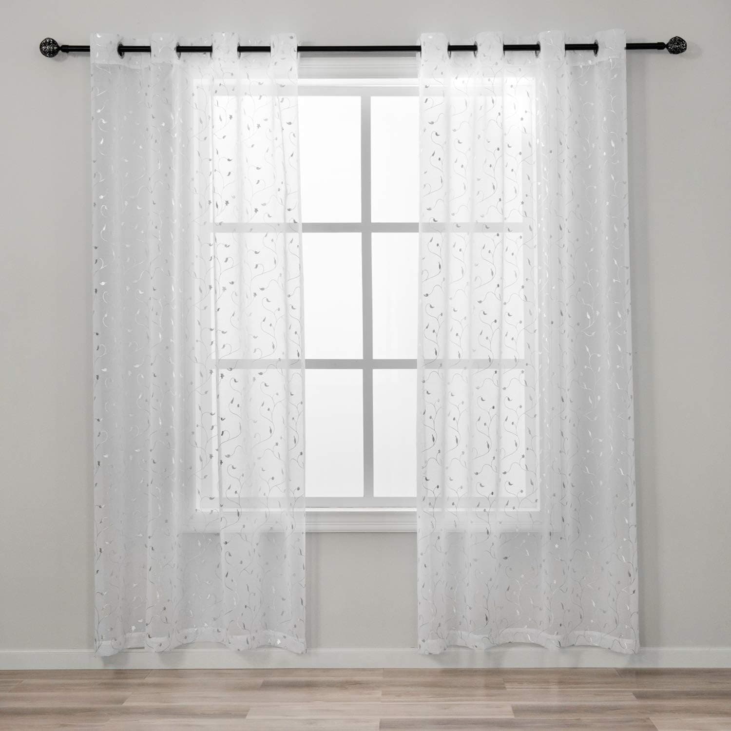 Tuffeel White Sheer Curtains 84 Inches Long White Foil Print Window Curtain for Bedroom (52 x 84 Inch, White-Leaf)