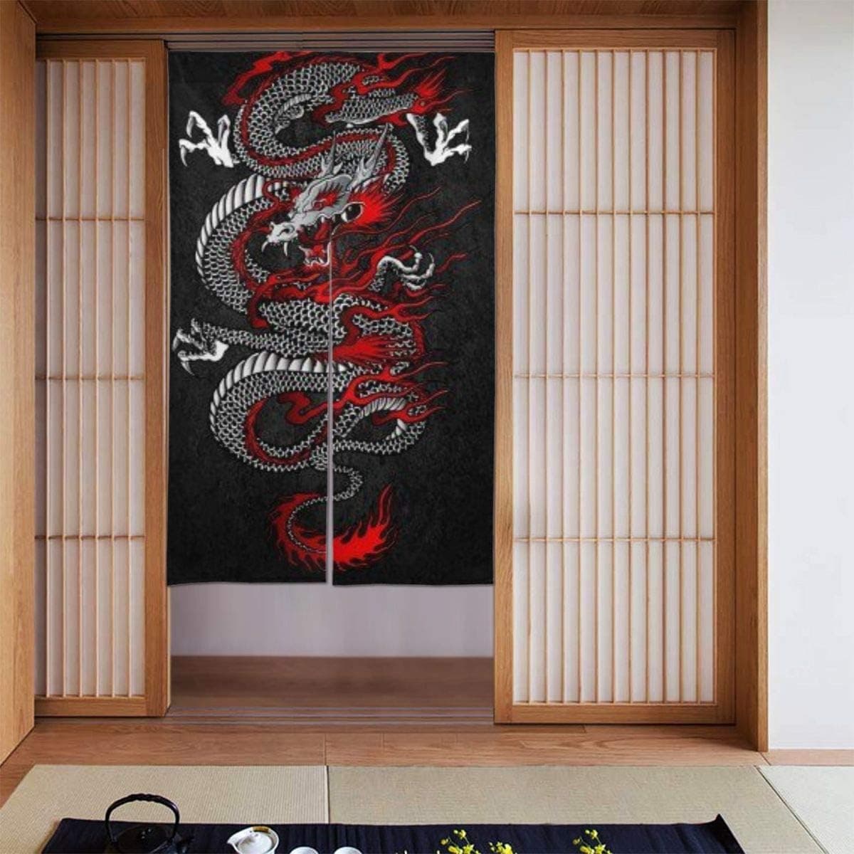 Home Decor Japanese Traditional Dragon Art Printed Doorway Curtain Polyester 34"" X56 Door Curtain for Kitchen Bistro Partition Shading Home Decorative… (red Dragon)