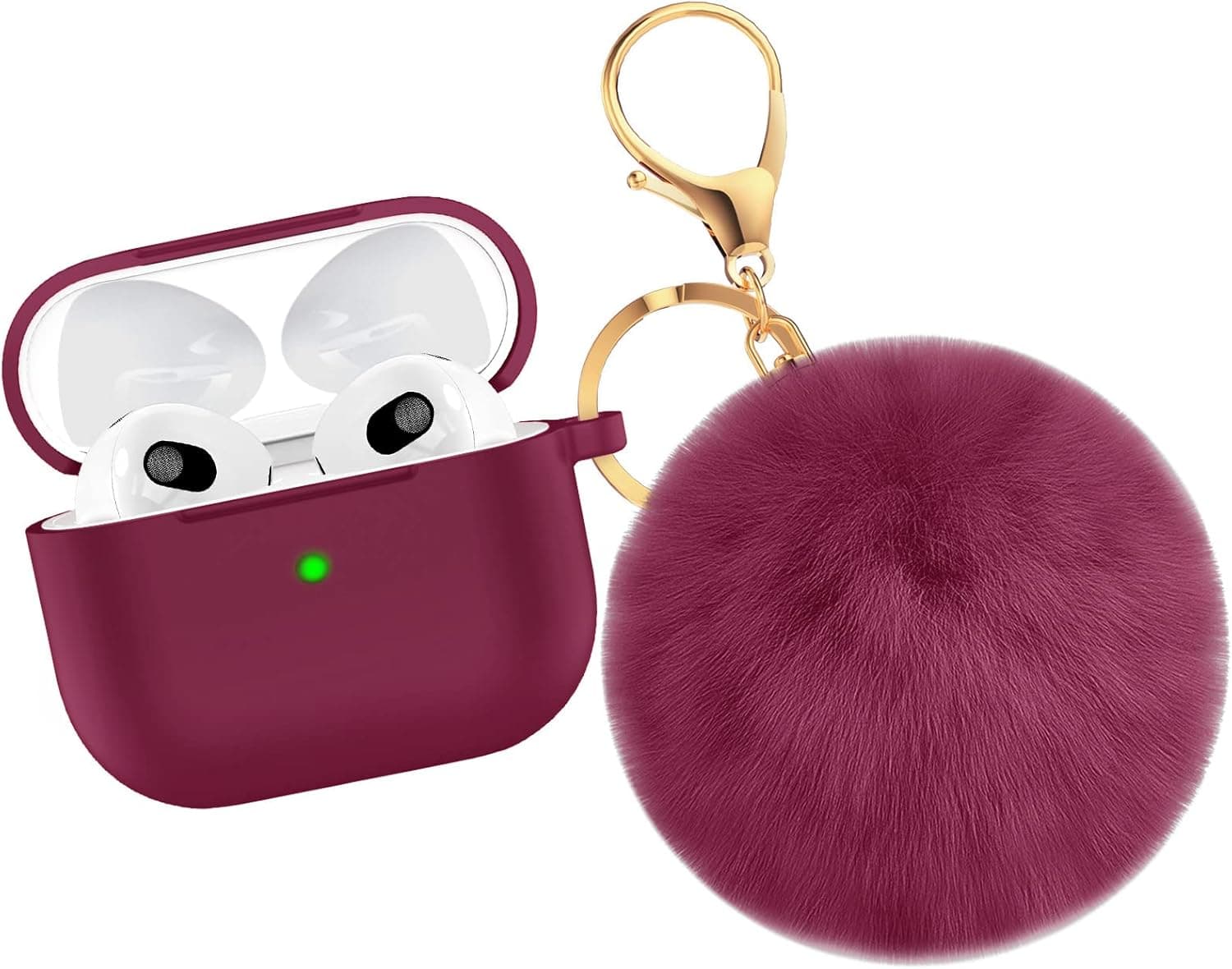 OULUOQI for AirPods 3 Case Cover (2021 Version), Soft Silicone Case with Fur Ball Keychain for Girl,Women, Shockproof Protective Cover for AirPods 3 gen Charging Case [Visible Front LED]-Wine red