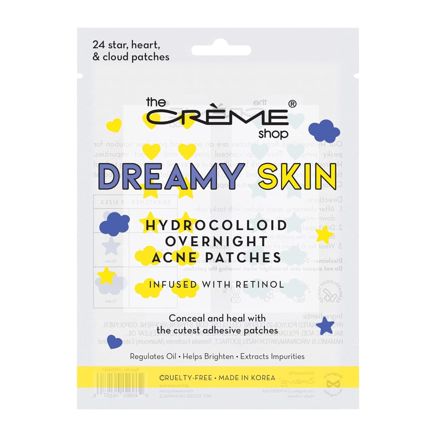 The Crème Shop Dreamy Skin Hydrocolloid Overnight Acne Patches - Infused with Salicylic Acid + Witch Hazel | Adhesive patches that fight pesky pimples. (72 Patches / 3 Sizes)