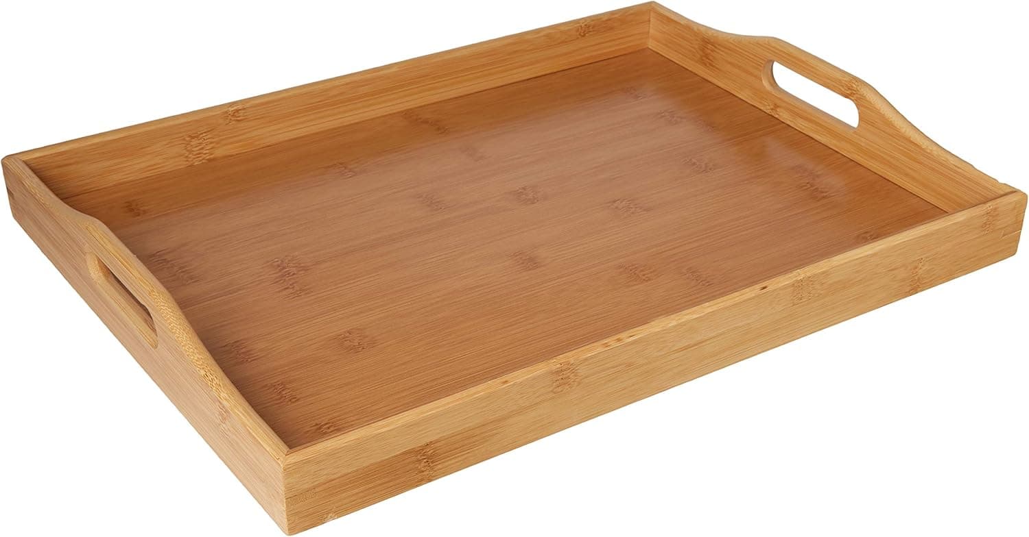 Cortesi Home Alex Natural Bamboo Butler Serving Tray Table with Handles, 17.5" x 13", Brown