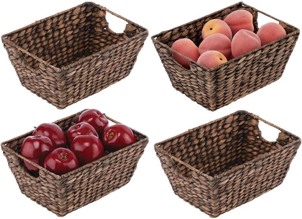 mDesign Natural Woven Hyacinth Closet Storage Organizer Basket Bin for Kitchen Cabinets, Pantry, Bathroom, Laundry Room, Closets, Garage - 4 Pack - Dark Brown