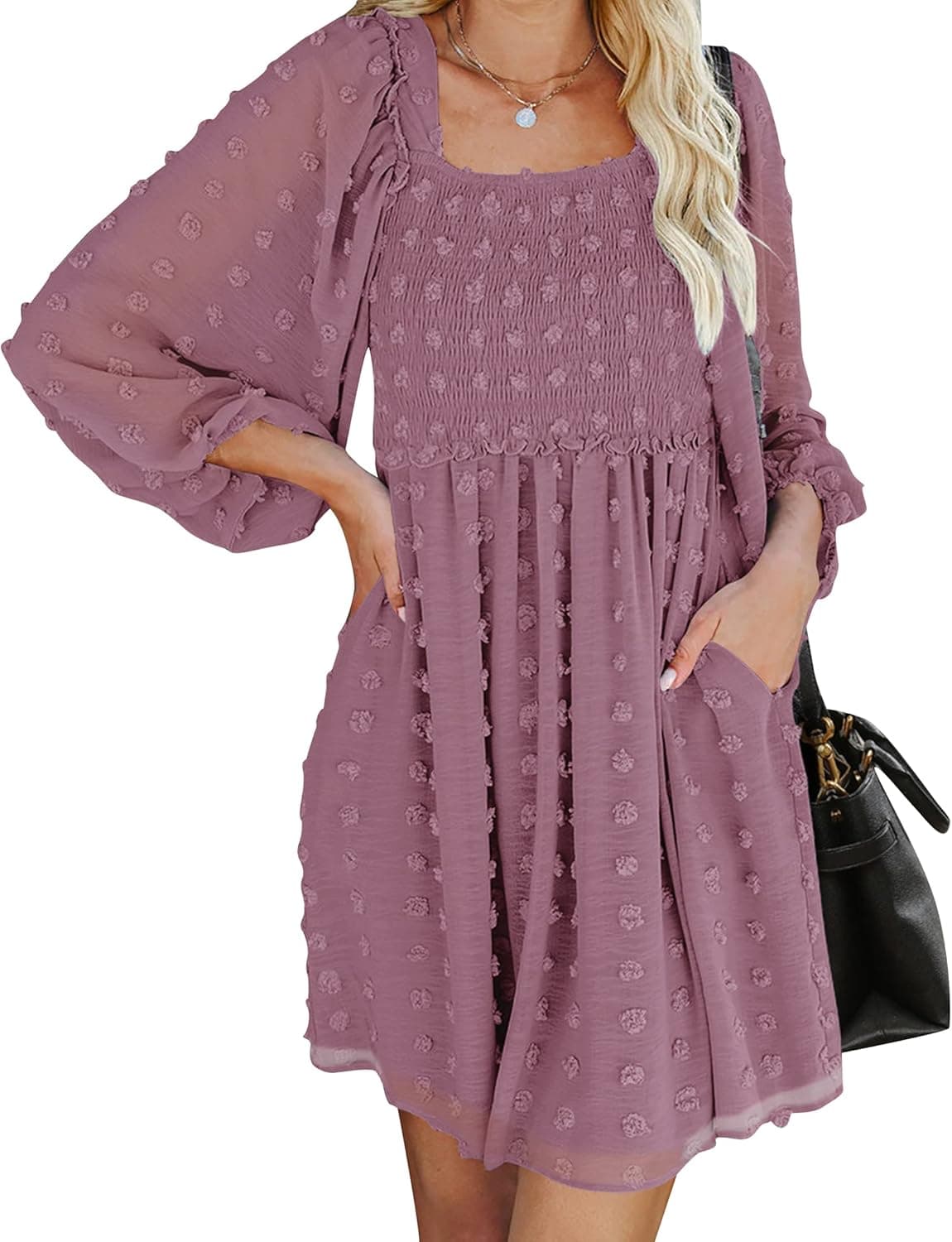 ZESICA Women's Summer Puff Long Sleeve Square Neck Swiss Dot Flowy A Line Smocked Babydoll Short Dress