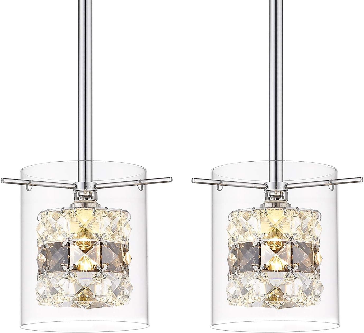 Ken & Ricky Mini Pendant Lighting, 2 Pack Glass Hanging Light Fixture with 39.4'' Adjustable Cord, Pendant Ceiling Light Chrome Finish with Clear Glass for Kitchen Island, Living Room
