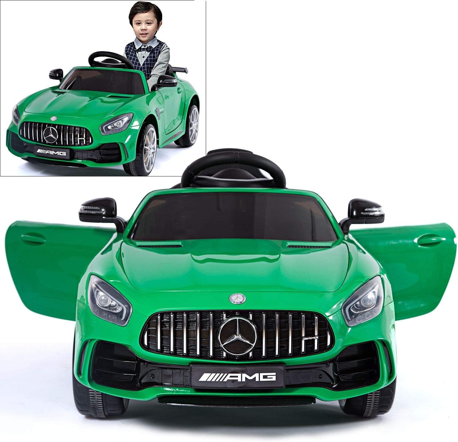 Mercedes Benz AMG GTR Electric Ride On Car with Remote Control for Kids | 12V Power Battery Official Licensed Kid Car to Drive with 2.4G Radio Parental Control Opening Doors Green