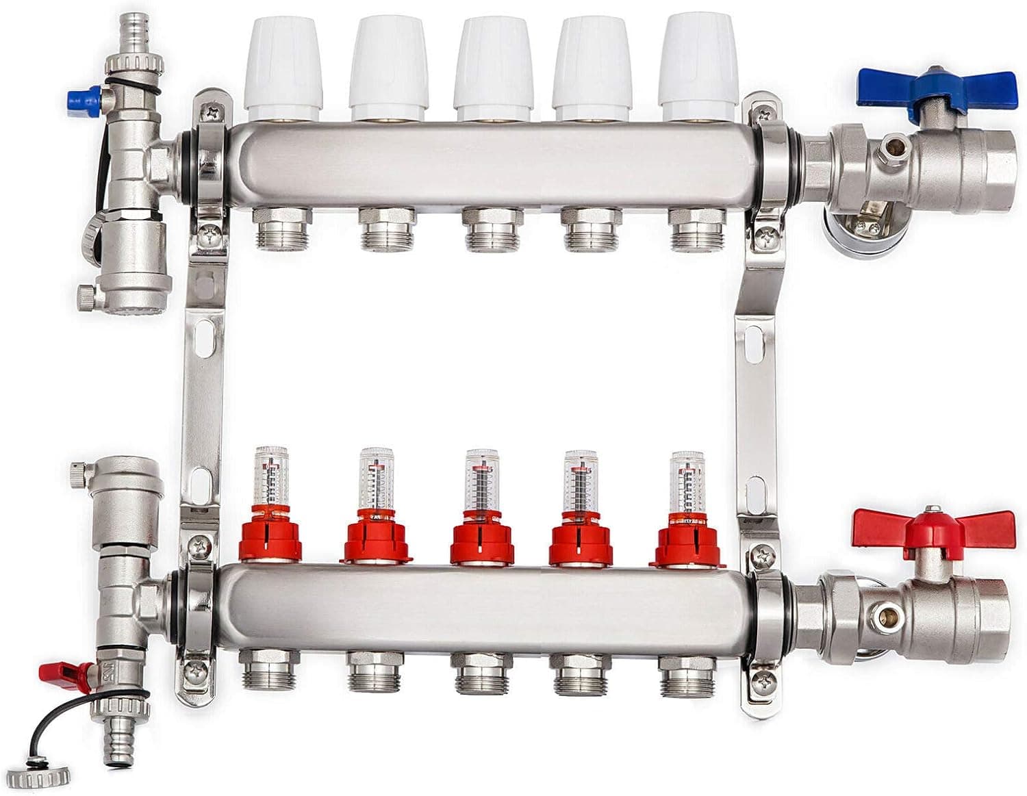 BestEquip Radiant Floor Manifold 5 Loop Radiant Floor Heating Set 5 Branch Radiant Floor Heating Kit 1/2inch PEX Tubing for Heat Stainless Steel (5-Loop)