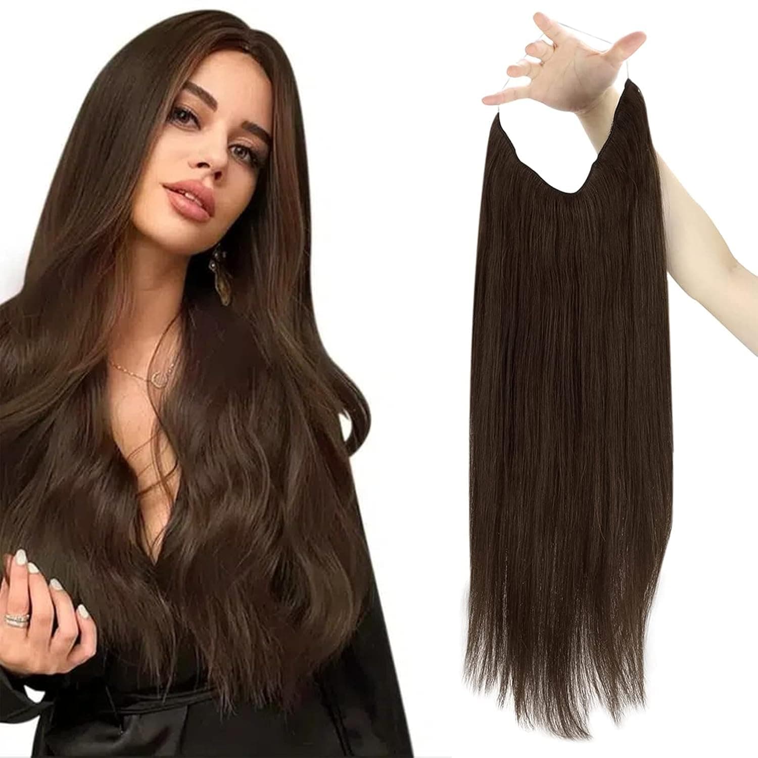 Sunny Fishing Line Hair Extensions Dark Brown Real Human Hair #4 Chocolate Brown Invisible Wire Extensions Human Hair Remy Secret Wire Human Hair Extensions Fishing Line 12inch 80g
