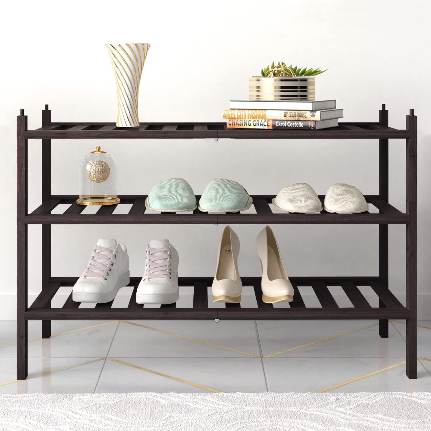 BAMFOX 3-Tier Shoe Rack,Bamboo Stackable Shoe Shelf Storage Organizer for Closet, Hallway, and Entryway