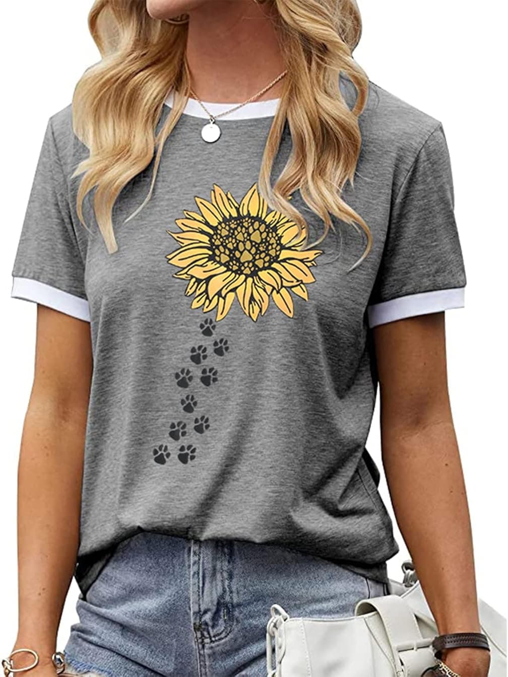 ALLTB Sunflower Dog Paw Tshirt for Women Dog Mom Paw Print Shirt Fur Mama Gifts Casual Short Sleeve Mothers Day Tops