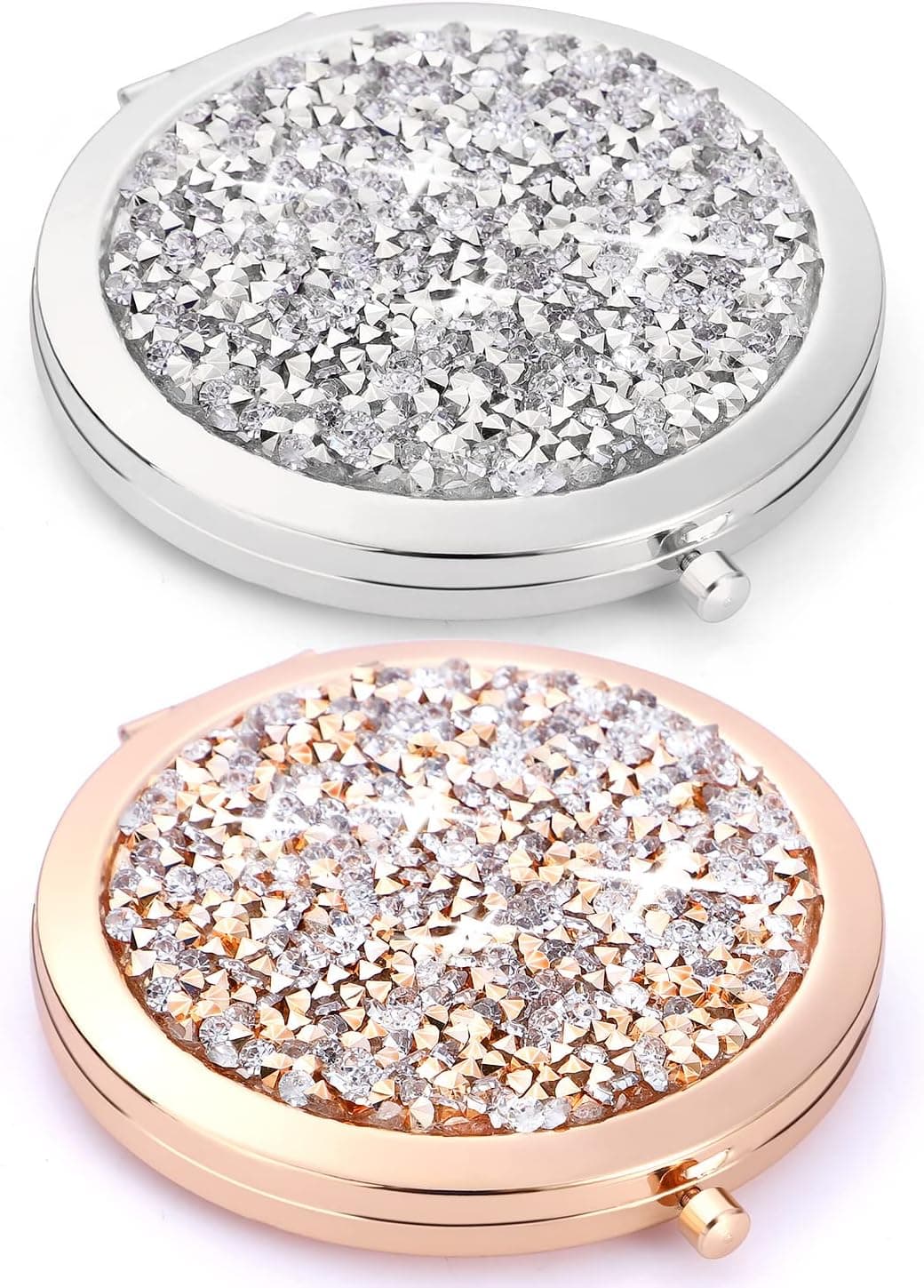 Etercycle 2 Pcs Compact Mirror, Pocket Travel Makeup Mirror, 1X/2X Magnifying Handheld Folding Cosmetic Mirror, 2.75 Inch Portable Mini Mirror for Purse(Rose Gold & Silver)