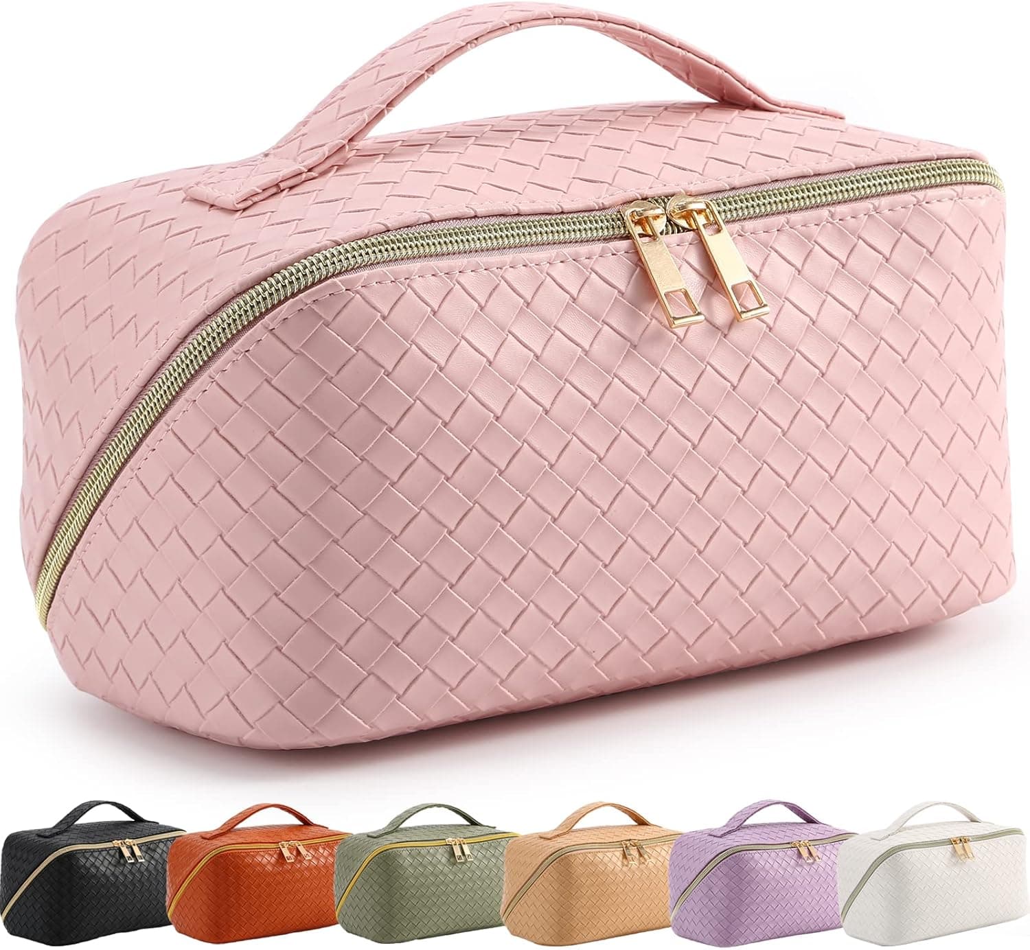 TOPALL Upgrade Makeup Bag Large Capacity Travel Cosmetic Bag Make Up Bags for Women Waterproof Portable Cosmetic Bags with Handle and Divider Flat Lay Makeup Organizer Bag (Pink)