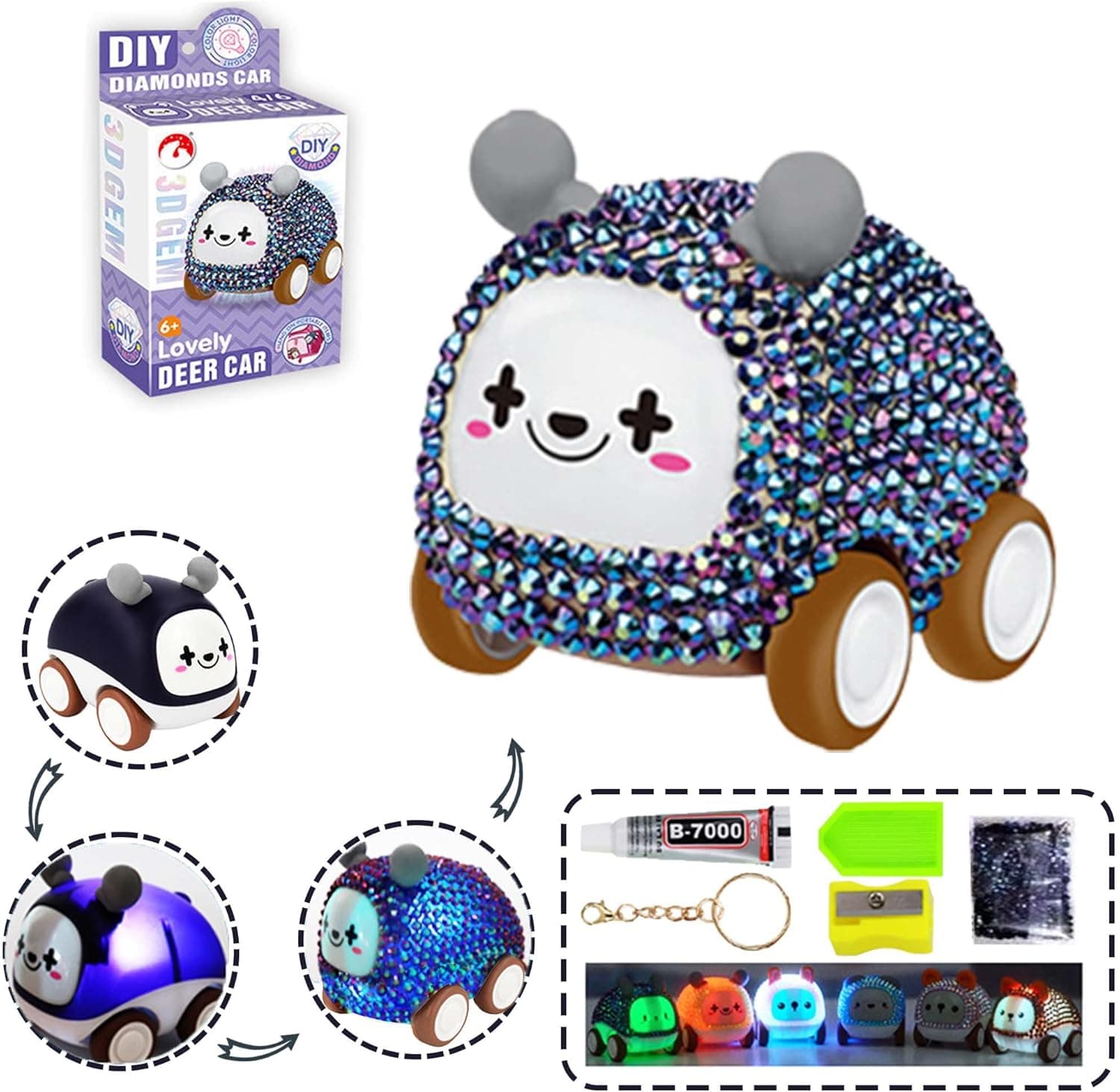 5D DIY Diamond Painting Keychains，Diamond Painting Kits of Animal Sliding car Toy with Light，Diamond Painting Kits for Kids and Adult Beginners for Bag Decor(Purple Deer)