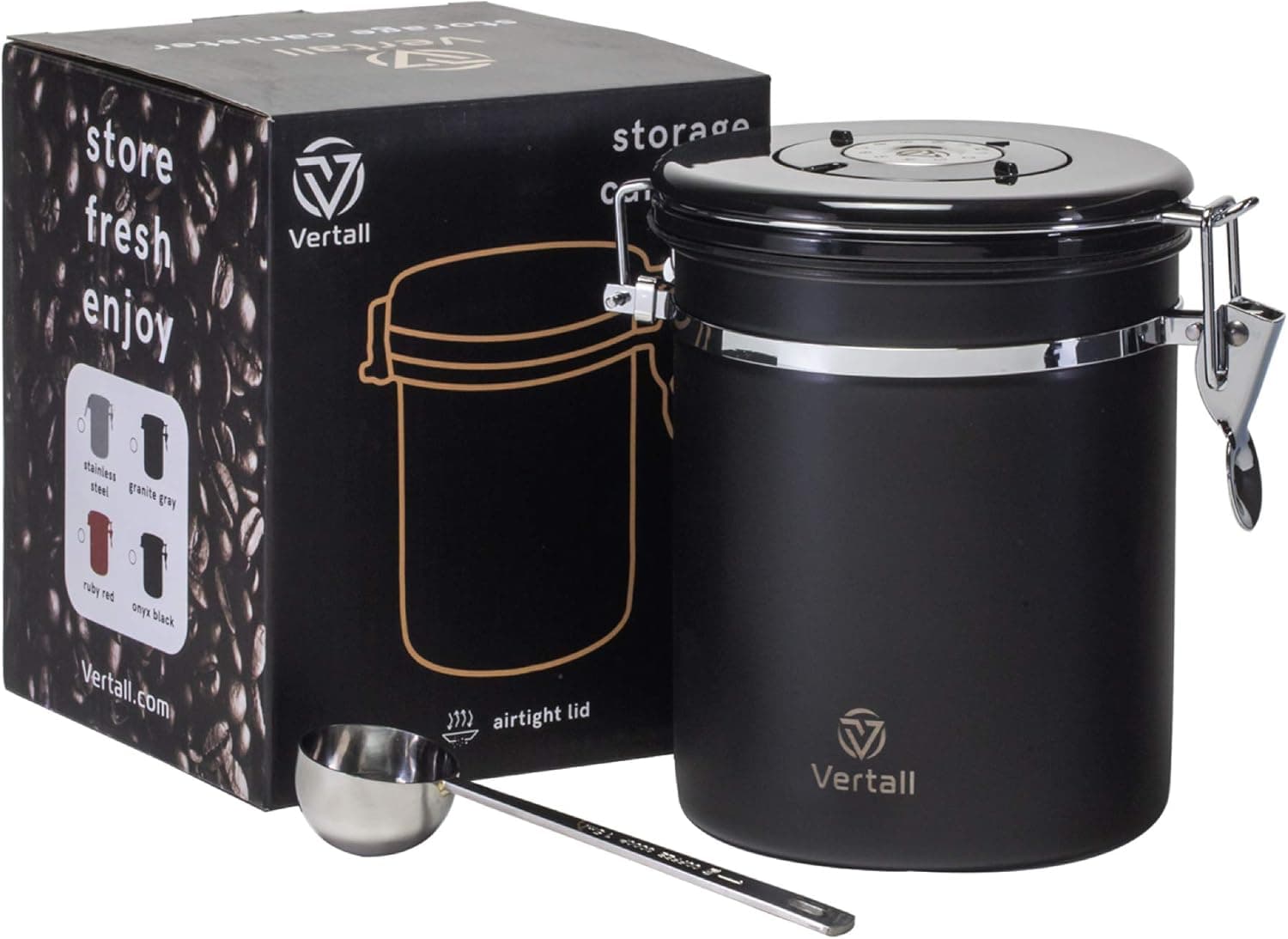 Vertall Storage Canister Rust-Free Stainless Steel With CO2 Valve and Scoop Airtight Locking Clamp (Medium, Onyx Black)