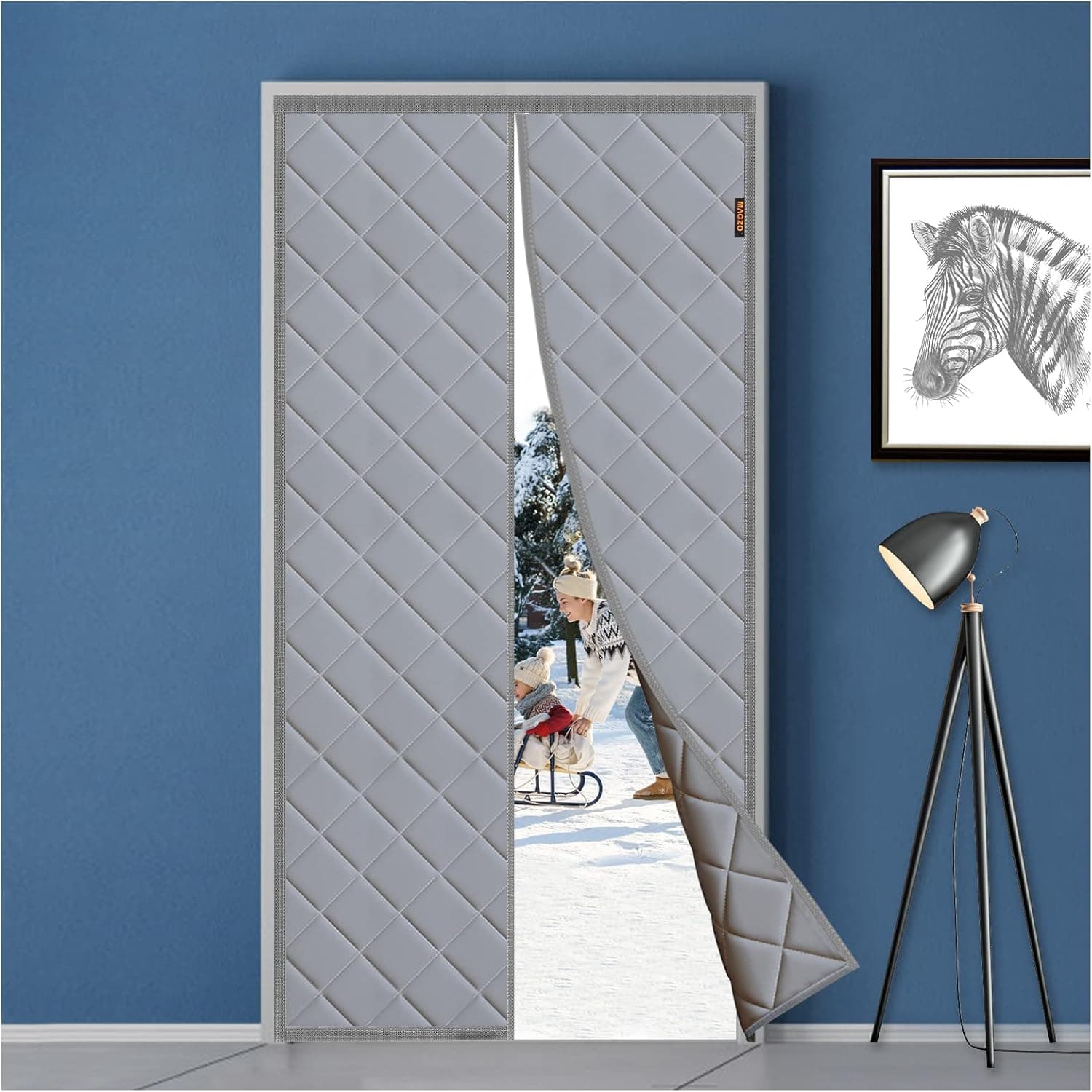 MAGZO Magnetic Thermal Insulated Door Curtain, Fits Door Size 32" x 80", Center Opening, Durable Oxford Cloth&Thicken Polyester Fiber Fill, Weatherproof, Windproof, Soundproof, Weighted Bottom (Grey)