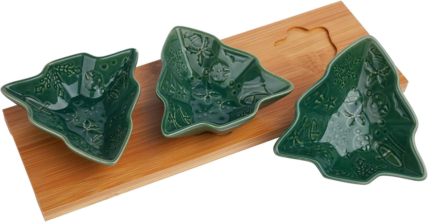 Sweese 743.117 Christmas Candy Dishes, 3 Pieces Chip and Dip Bowls Set, Tree Shaped Sauce Dishes with Bamboo Tray for Christmas Party Snacks, Nuts, Condiments, Appetizers, Ketchup, Wasabi, Green