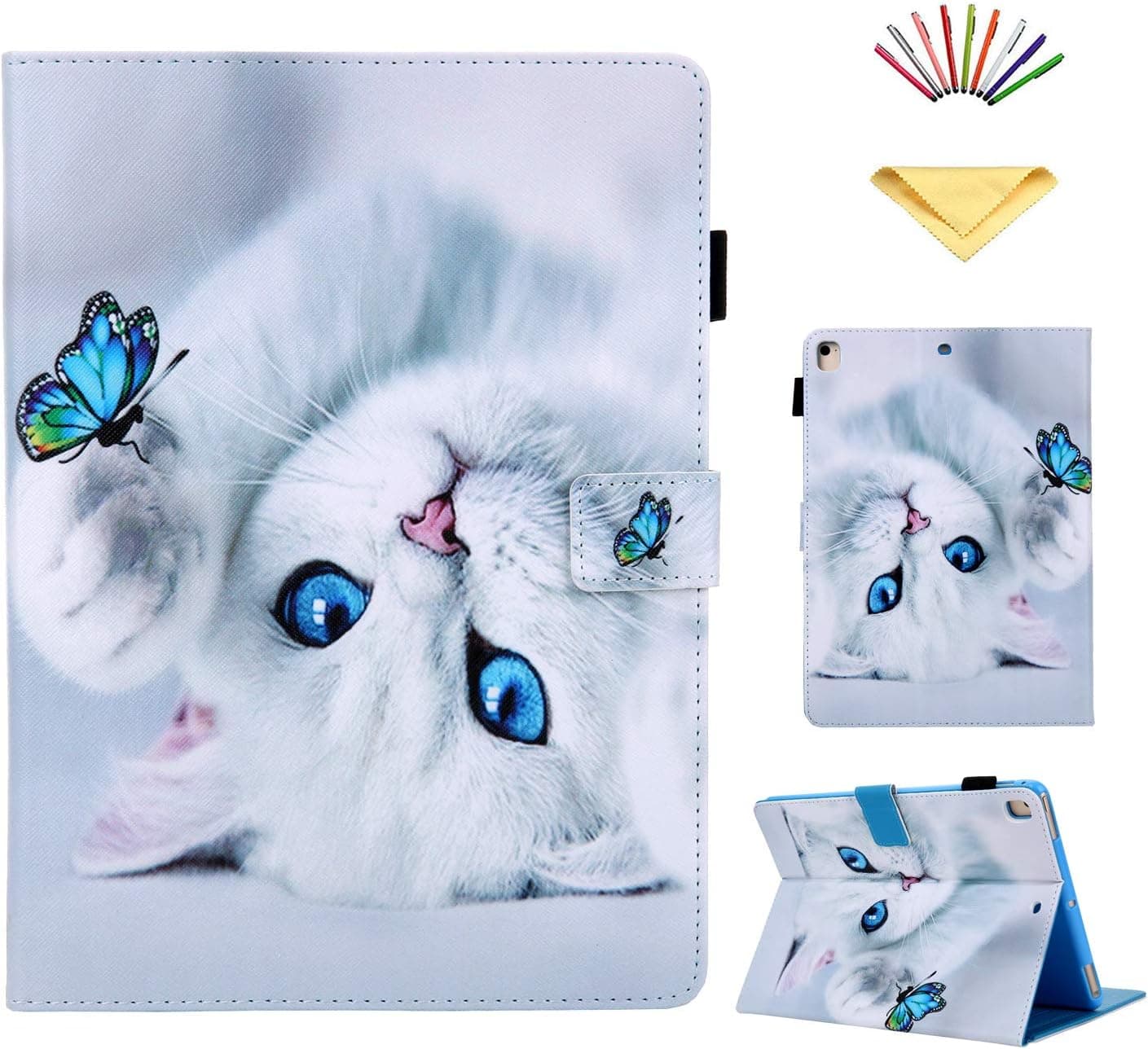 Uliking iPad 10.2 inch (iPad 7th Gen) 2019/ iPad Air 3 10.5" (3rd Gen) 2019 /iPad Pro 10.5" 2017 Case Stand PU Leather Smart Folio Cover [Auto Wake/Sleep] with Card Pencil Holder, White Cat Butterfly