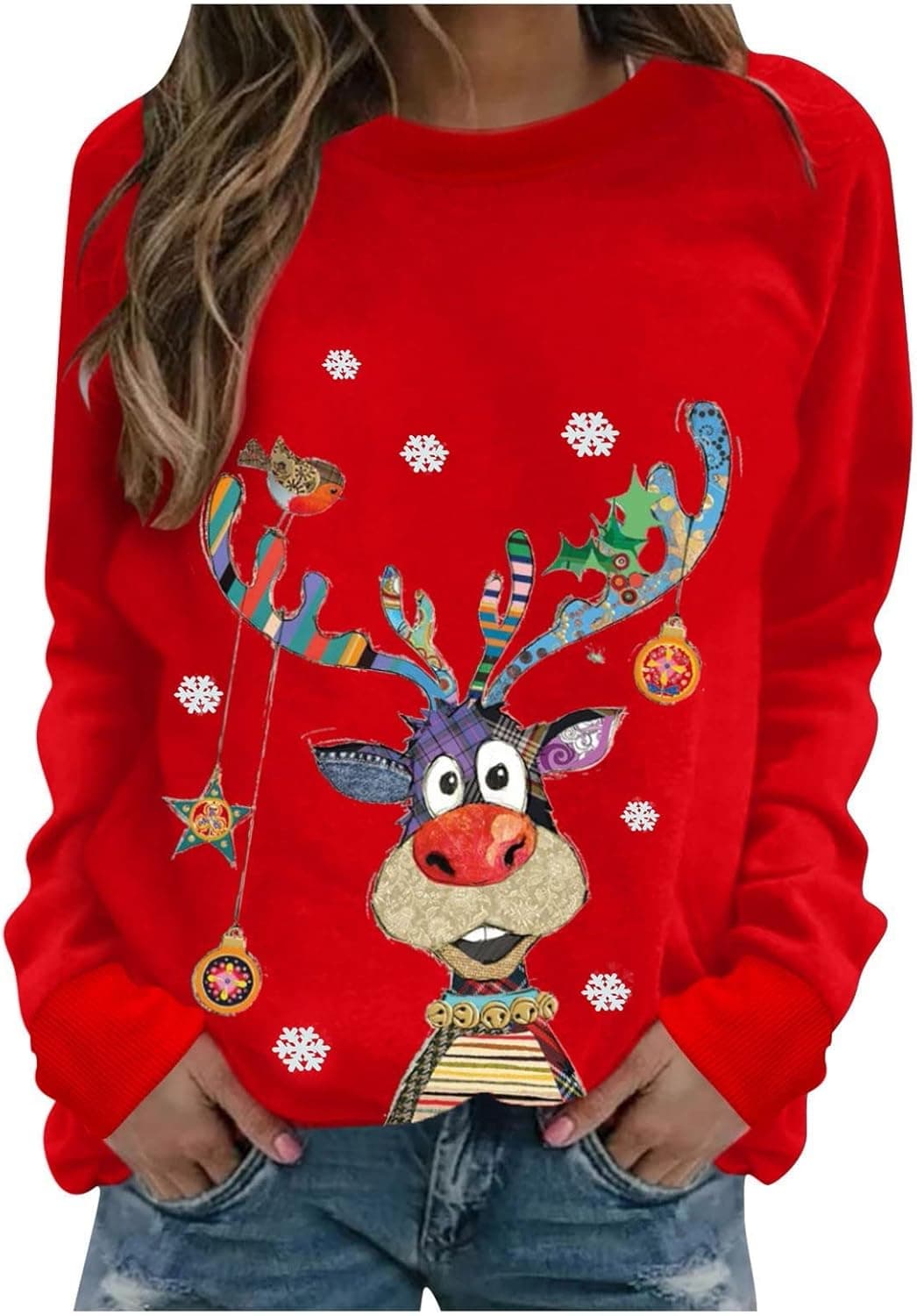 DOLKFU Womens Long Sleeve Crew Neck Christmas Sweatshirt Cute Moose Graphic Print Tops Shirt Fall Winter Fashion Sweaters