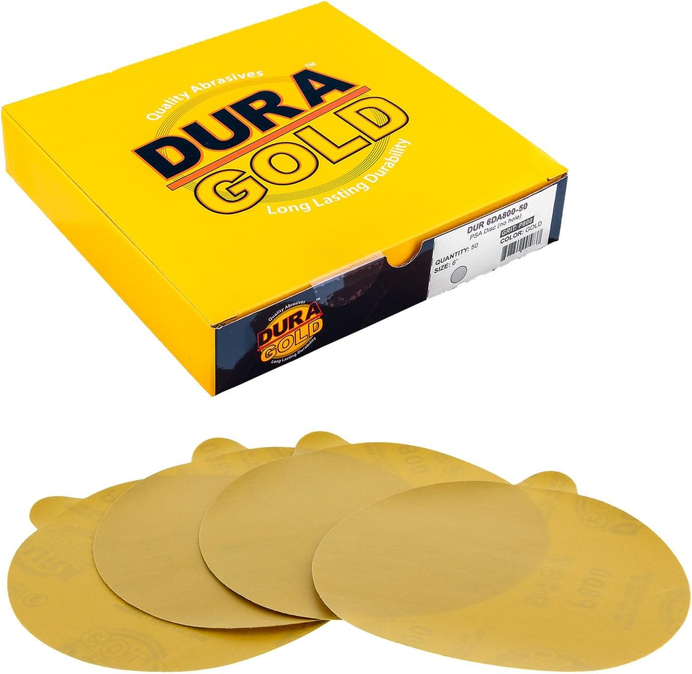 Dura-Gold Premium 6" Gold PSA Sanding Discs - 800 Grit (Box of 50) - Self Adhesive Stickyback Sandpaper for DA Sander, Finishing Fine Cut Abrasive - Sand Automotive Car Paint, Woodworking Wood, Metal
