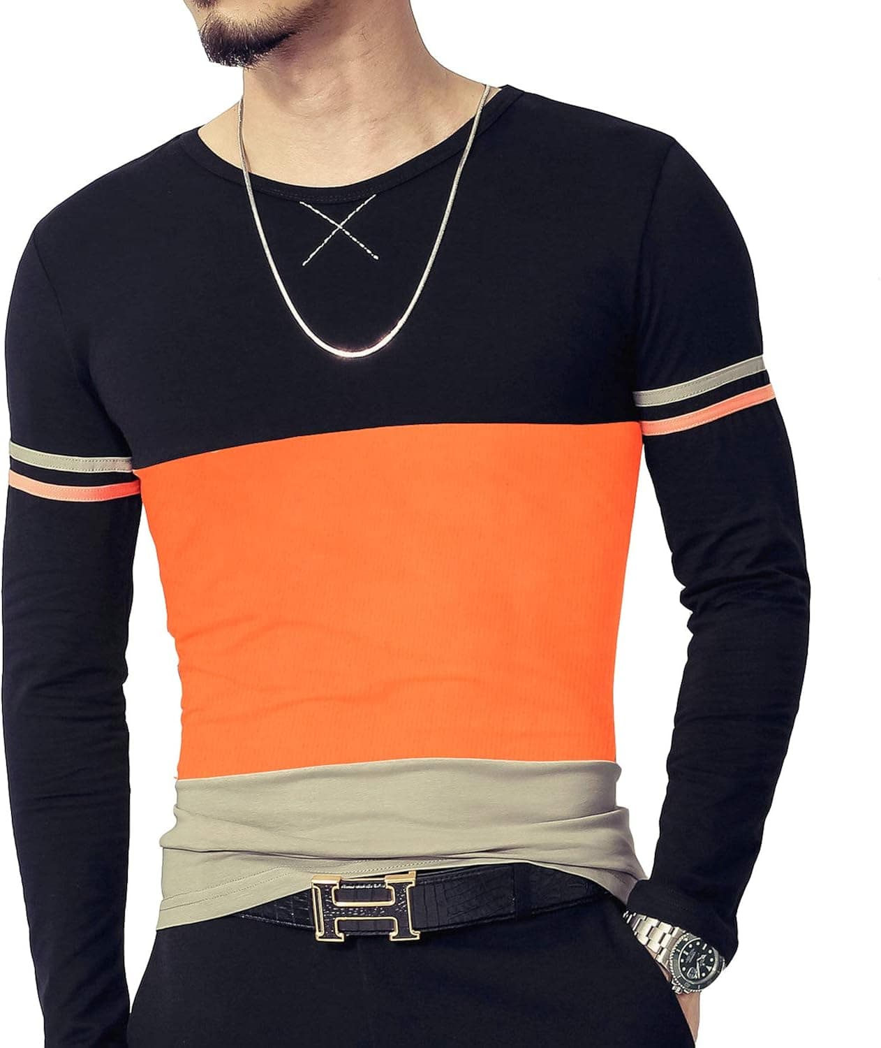 LOGEEYAR Mens Fashion Fitted Tee Shirts Cotton Long-Sleeve Contrast Color Stitching T-Shirt Orange