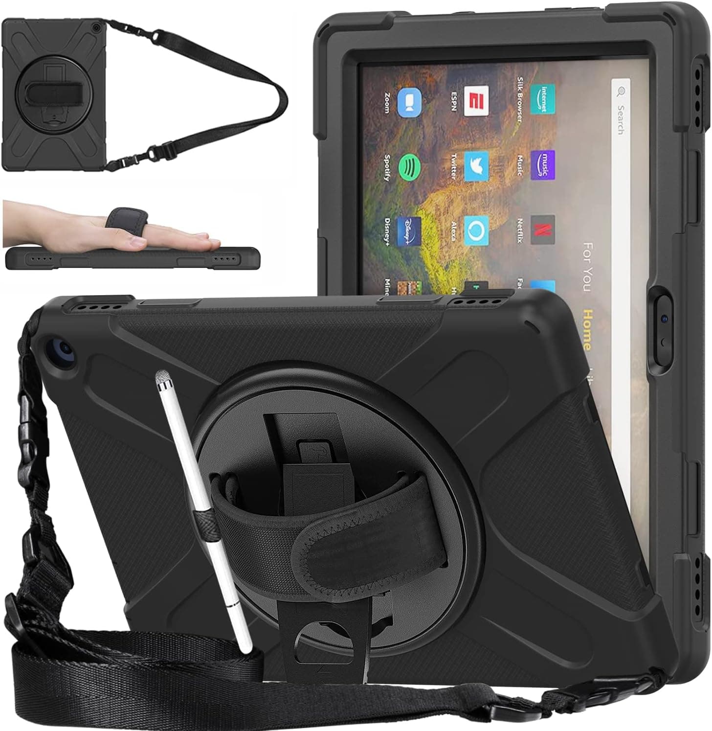 DreamerX Fire HD 10 / Plus 11th Generation 2021 Case, Shockproof Heavy Duty Rugged Cover with Kickstand/Hand Strap/Carrying Shoulder Strap for Amazon Release - Black 10/HD (2021) Case-Black Case