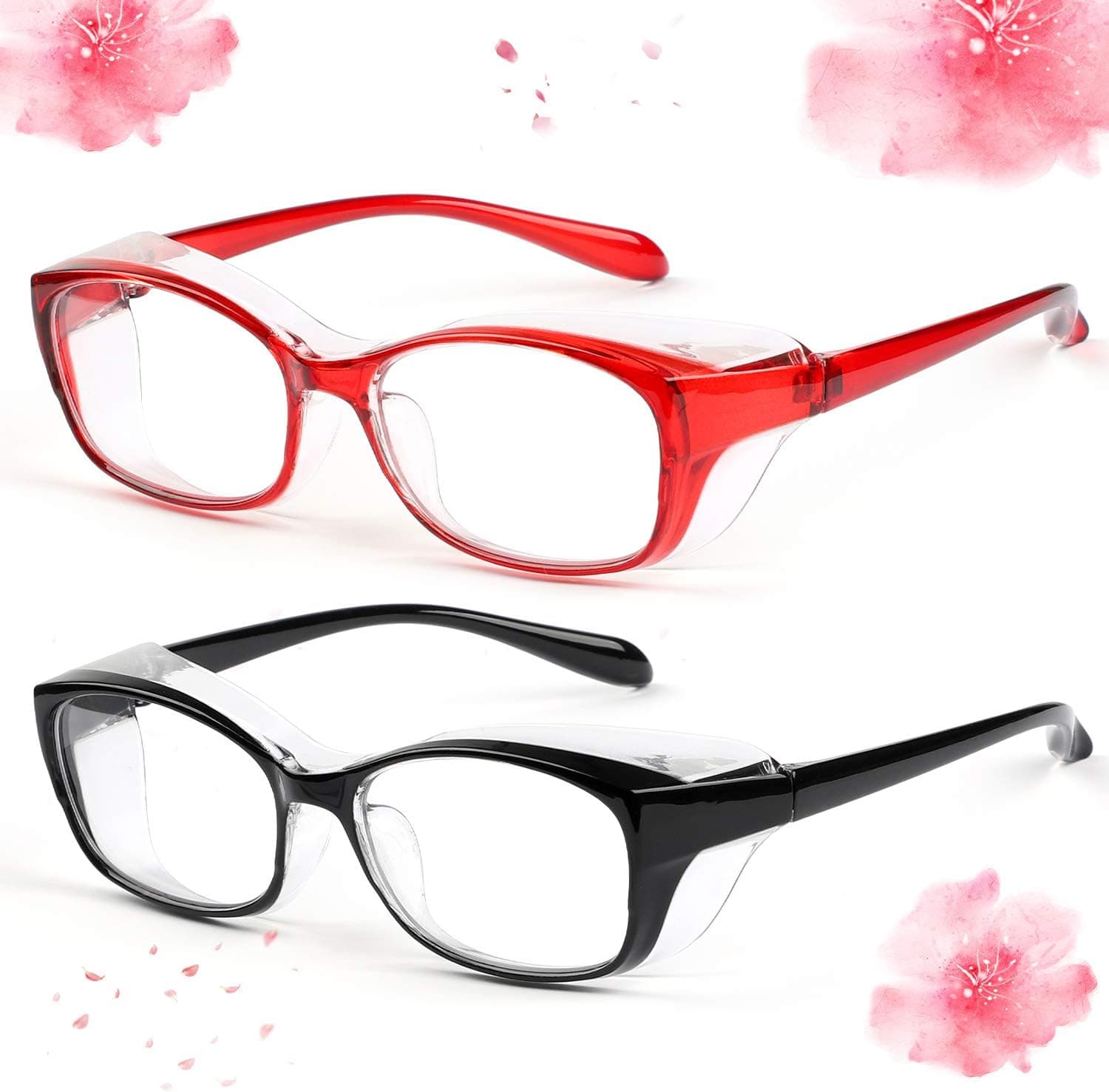 Boysea Anti Fog Safety Glasses for Women and Men Blue Light Glasses Anti Eye Strain Headache Protective Glasses with Transparent Frame Black&Red ( 2 Pack )