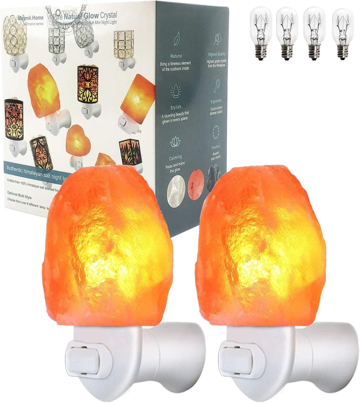 MAYMII·HOME 2 Pack Salt Night Light Lamp, Pink Natural Himalayan Salt Lamp, Mini Carved Salt Crystal Night Light Wall Light with Bulbs, Saftety Approved Wall Plug, Bedroom Decoration and Lighting
