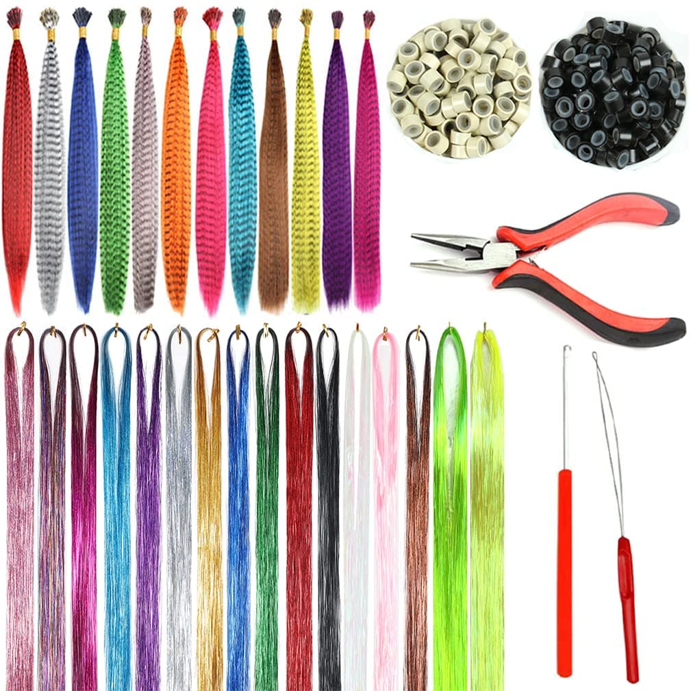 YUDAOHAIR 42 Inches Hair Extension Tinsel Kit With Tools 3520 Strands 16 Colors Tinsel Hair Extensions for Women Girls Heat Resistant Glitter Hair Fairy Hair Sparkling Shiny Hair for Christmas New Year Cosplay Party