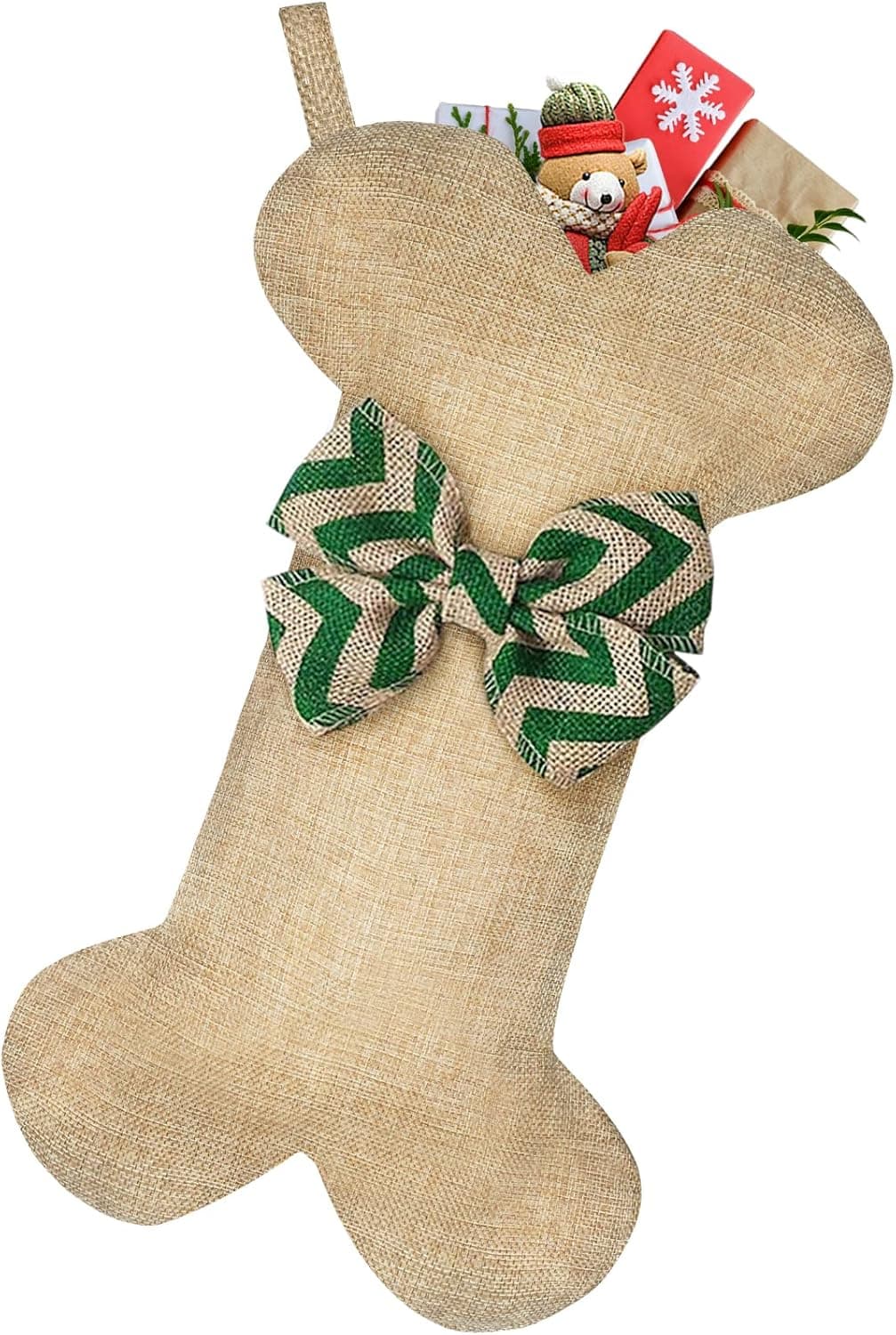 Malier New Linen Large Christmas Stocking for Dogs Cats Pets Jute Natural Burlap Dog Bone Shape Hanging Dog Christmas Stocking - Green Stripe