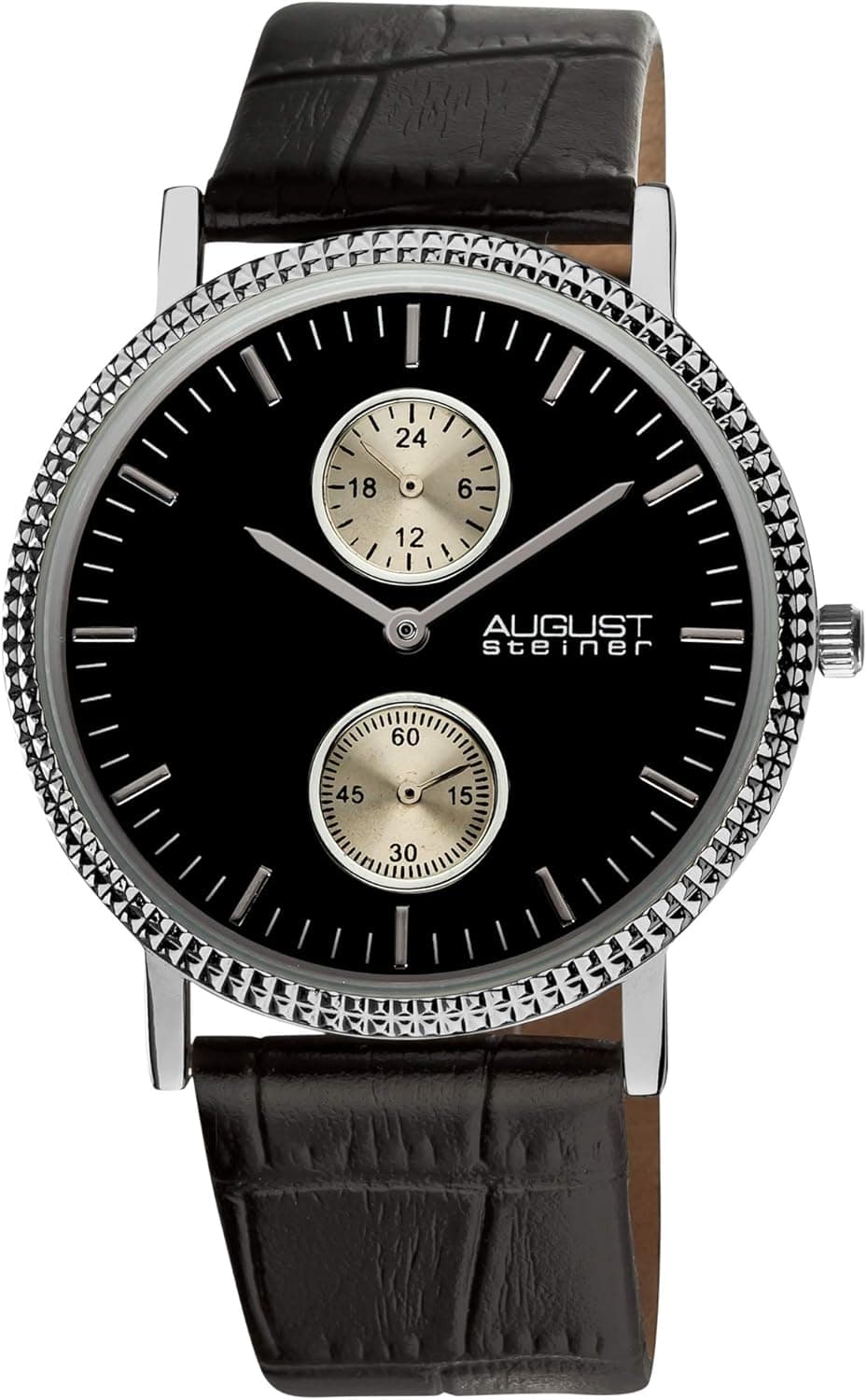 August Steiner Men's Multifunction Watch - Second and GMT Subdials, Serrated Bezel On Embossed Crocodile Pattern Band - AS8048