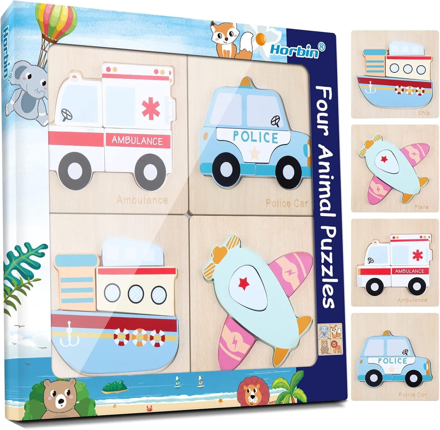 Horbin Toddler Wooden Puzzles Toys for Gift Boys Girls, 4Pack Traffic Puzzles for Baby Infant, Eco-Friendly & Safety Learning Educational Montessori Toys