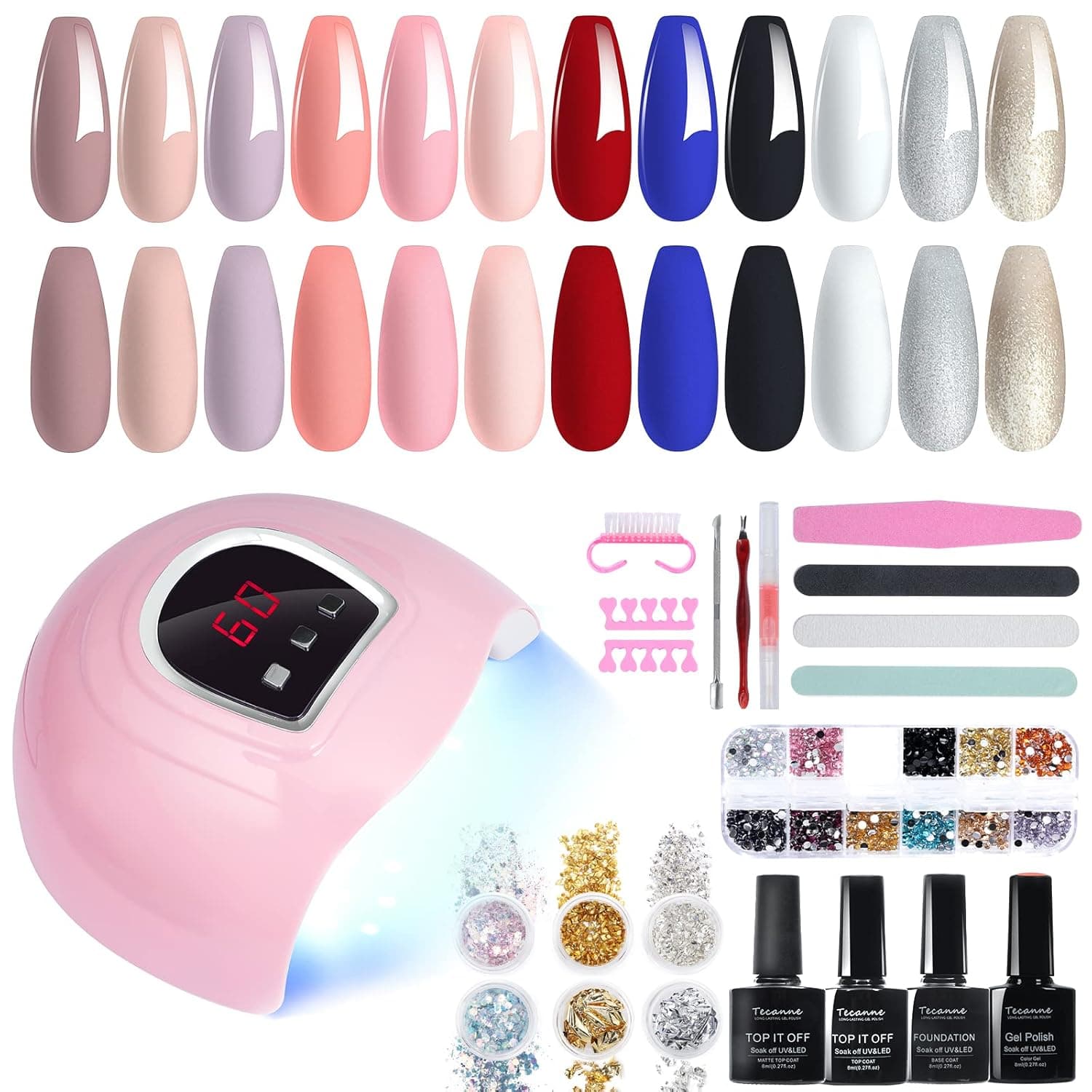 Gel Nail Polish Kit with UV Light - 54W LED Nail Dryer Lamp 12 White Pink Red Colors Gel Polish Set with Base Top Coat and Glitter Powder Nail Art Rhinestone Nail Art Manicure Tools Set