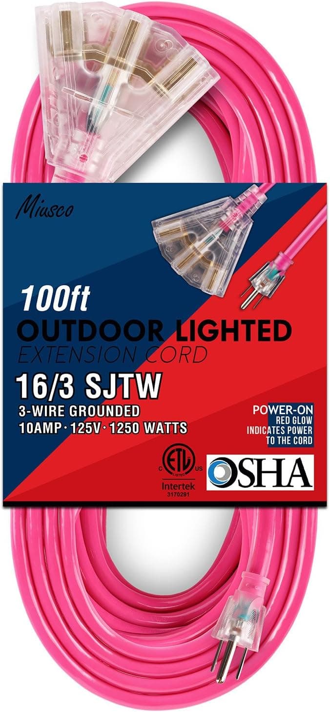 Miusco 100 ft 16 Gauge Heavy Duty Outdoor Extension Cord, 3 Prong, 16/3 SJTW, Triple Outlets, Lighted Plug, Fluorescent Pink
