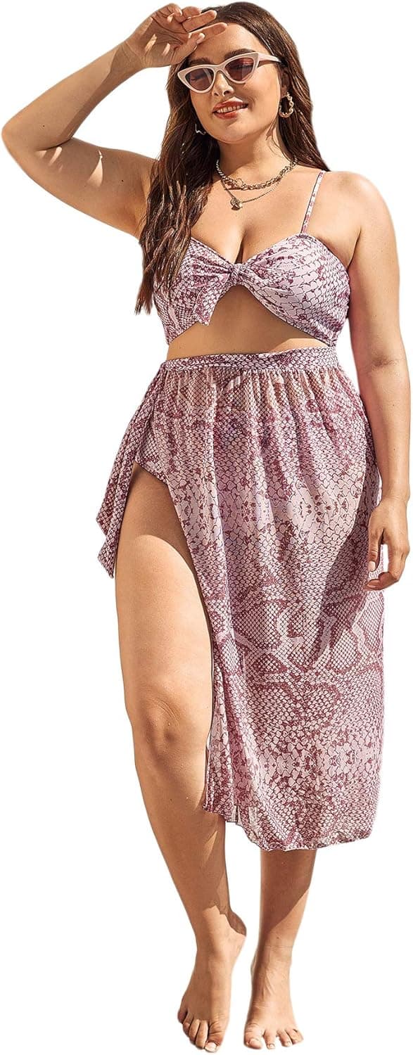 SOLY HUX Women's Plus Size Snakeskin Print Bikini Bathing Suit with Beach Skirt 3 Piece Swimsuits