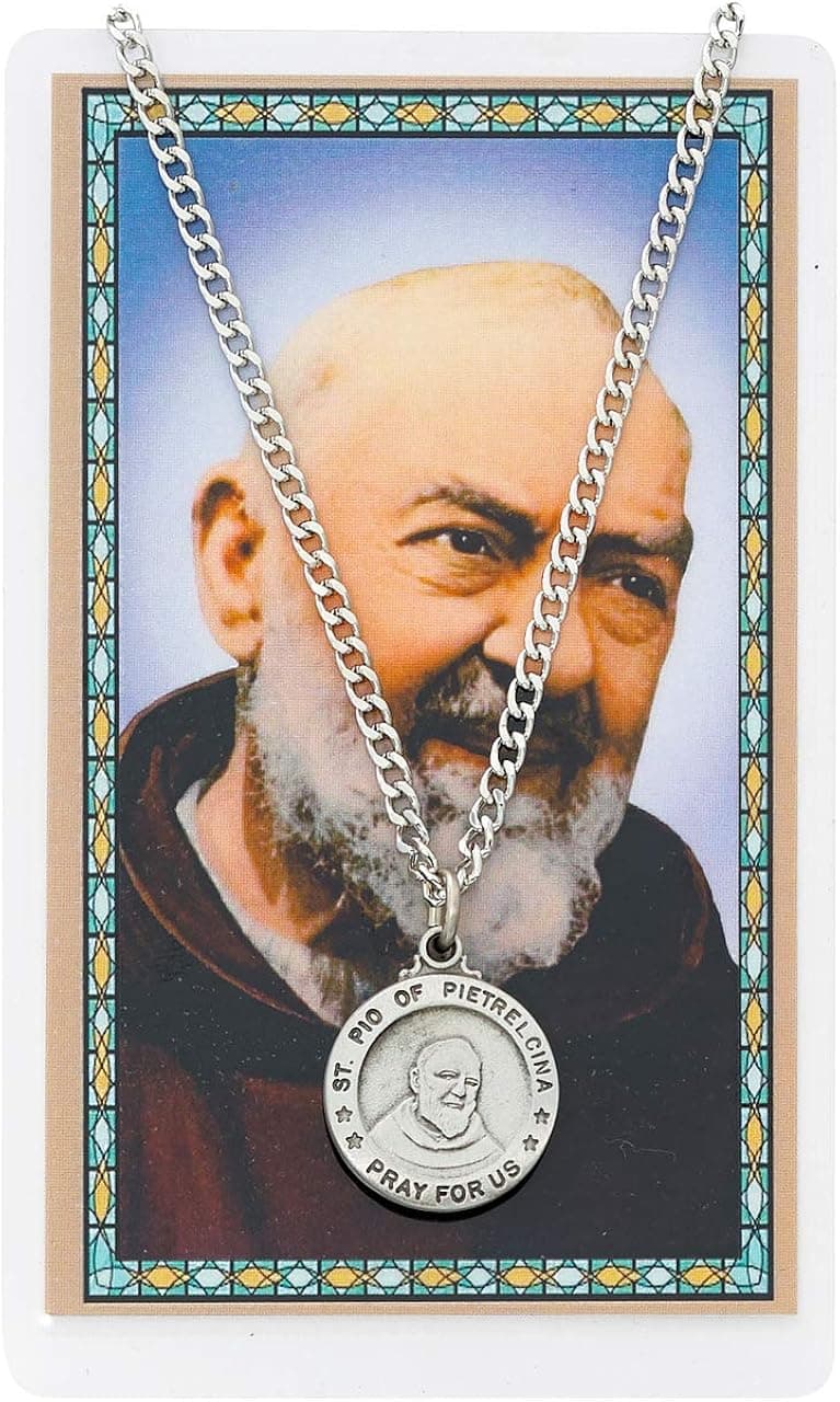 Pewter St. Pio Medal & 24" Chain, Prayer Card Set, Padre Pio.