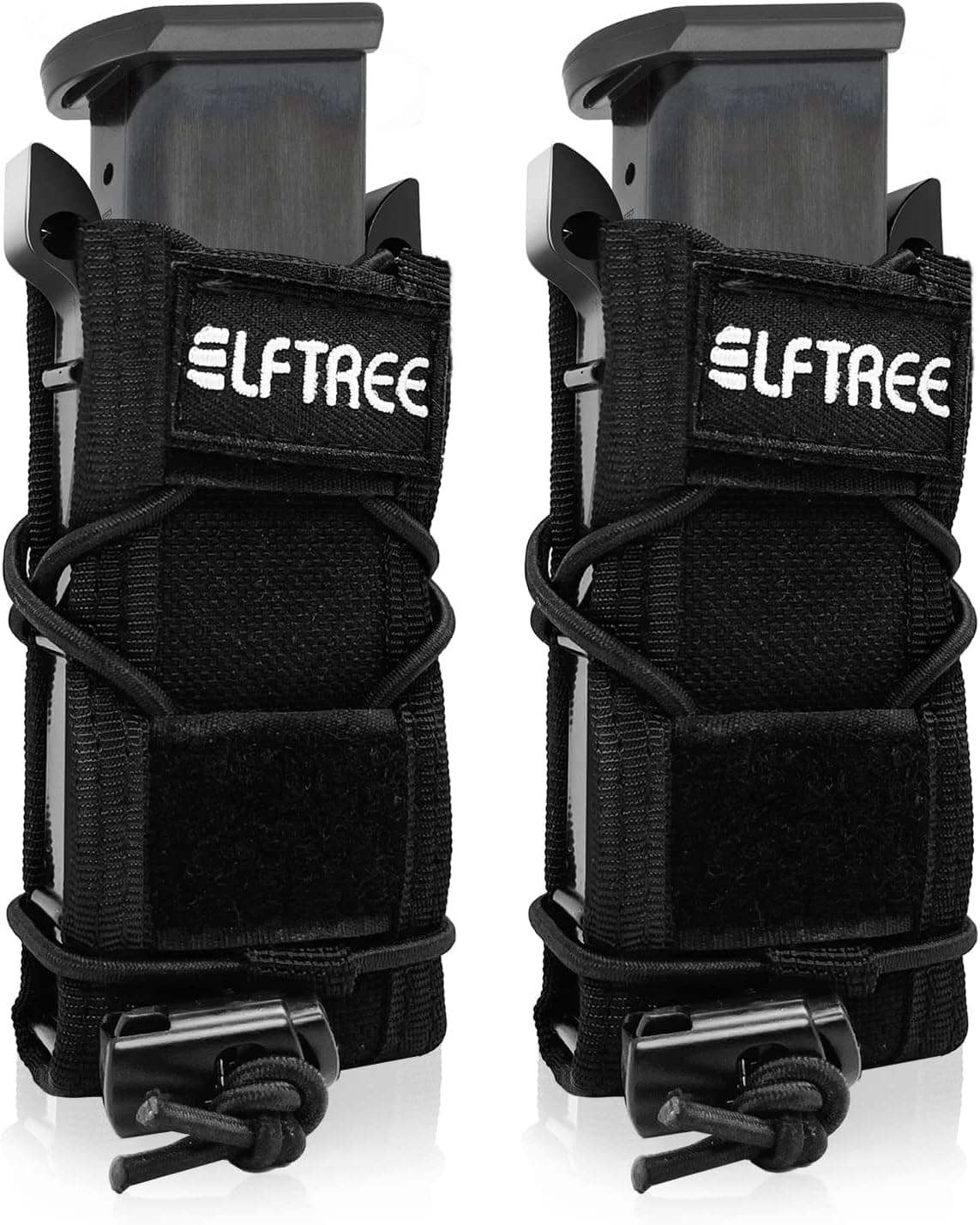ELFTREE 2 Pack Pistol Mag Pouch, Single and Double Stack Magazine Holster 9MM, OWB Magazine Pouches, Open-Top Universal Handgun Ammo Holder with Rapid Response and Compatible Tactical Molle System