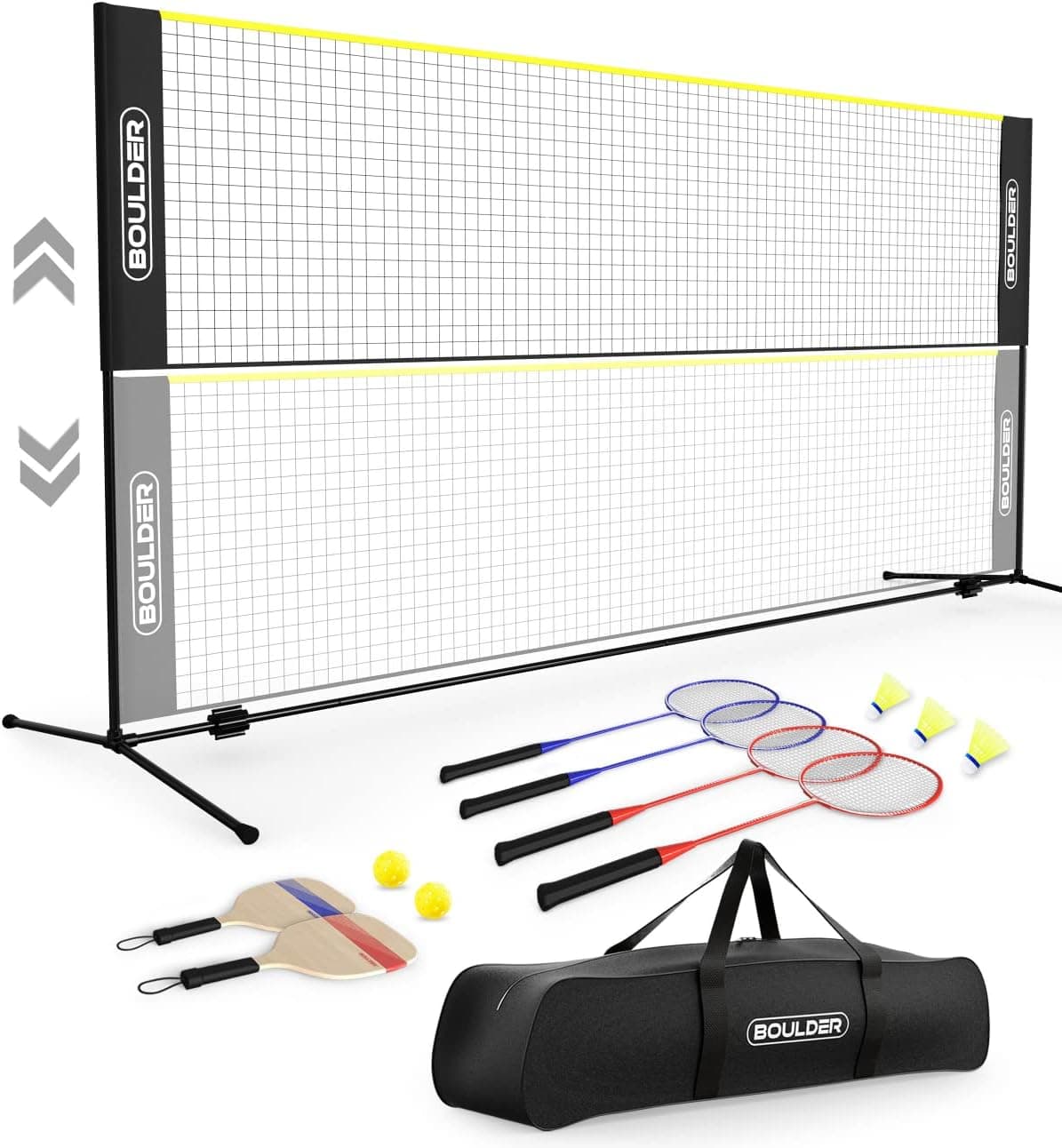 Boulder Sports All-in-One Pickleball & Badminton Set - Half-Court Portable Pickleball Net, Adjusts to Badminton Net (10ft Wide x 5ft max Height) - Game Set w/Pickleball Paddles and Badminton Rackets