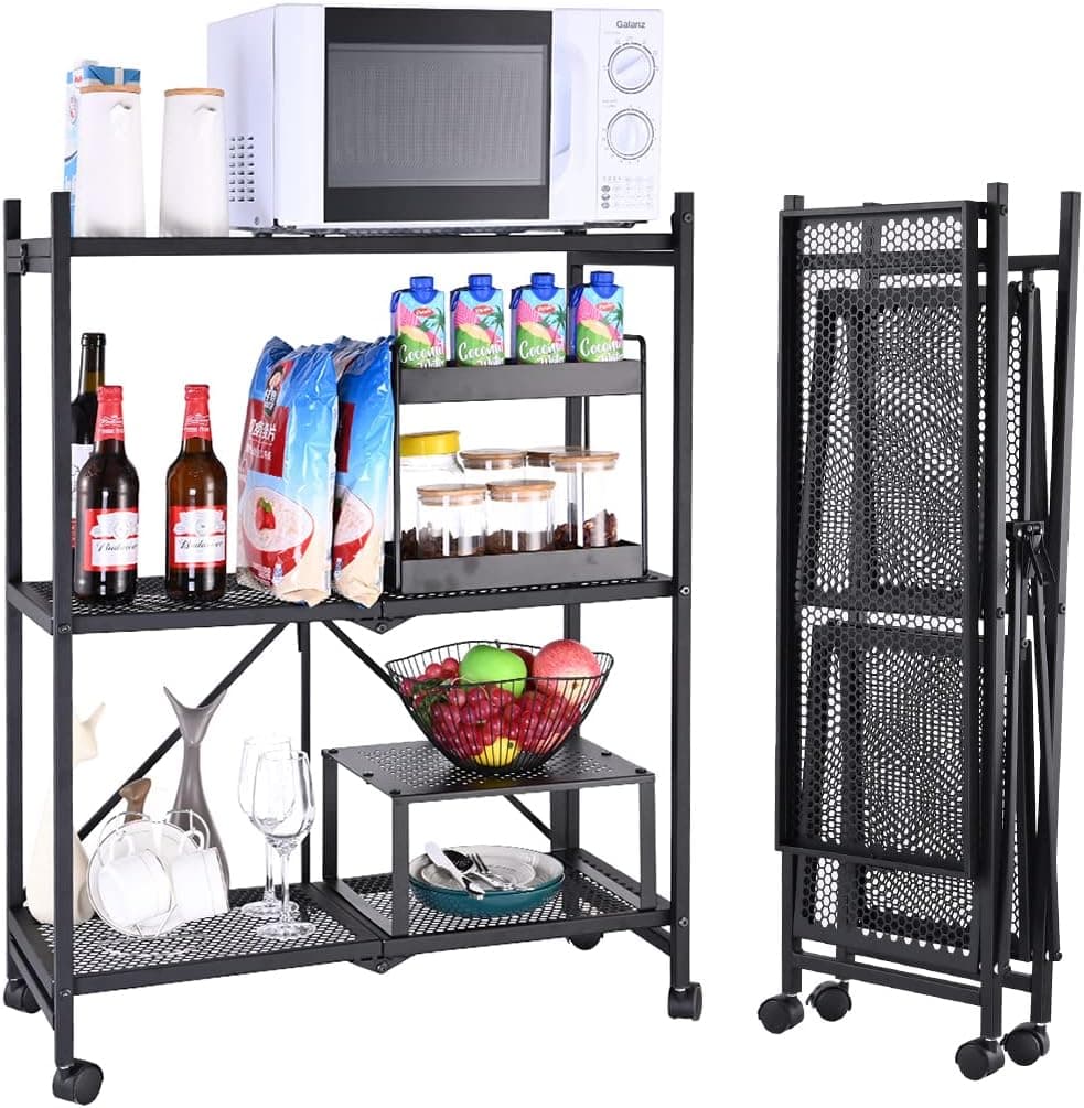 RokiaTek 3-Shelf Foldable Storage Shelves with Wheels, Large Capacity Metal Standing Shelving Unit, No Assembly Heavy Duty Organizer Rack for Kitchen, Garage, Basement, Pantry, Matte Black