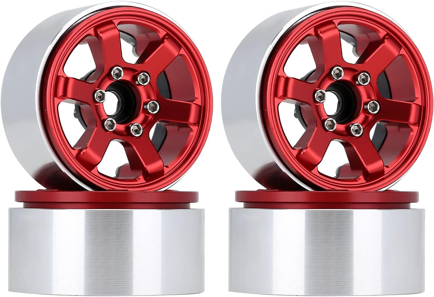 INJORA 1.9 Beadlock Wheel Rim 6-Spokes CNC Aluminum Wheel Hub for 1/10 RC Crawler TRX4 Axial SCX10 90046 AXI03007 Redcat Gen8 (Red)