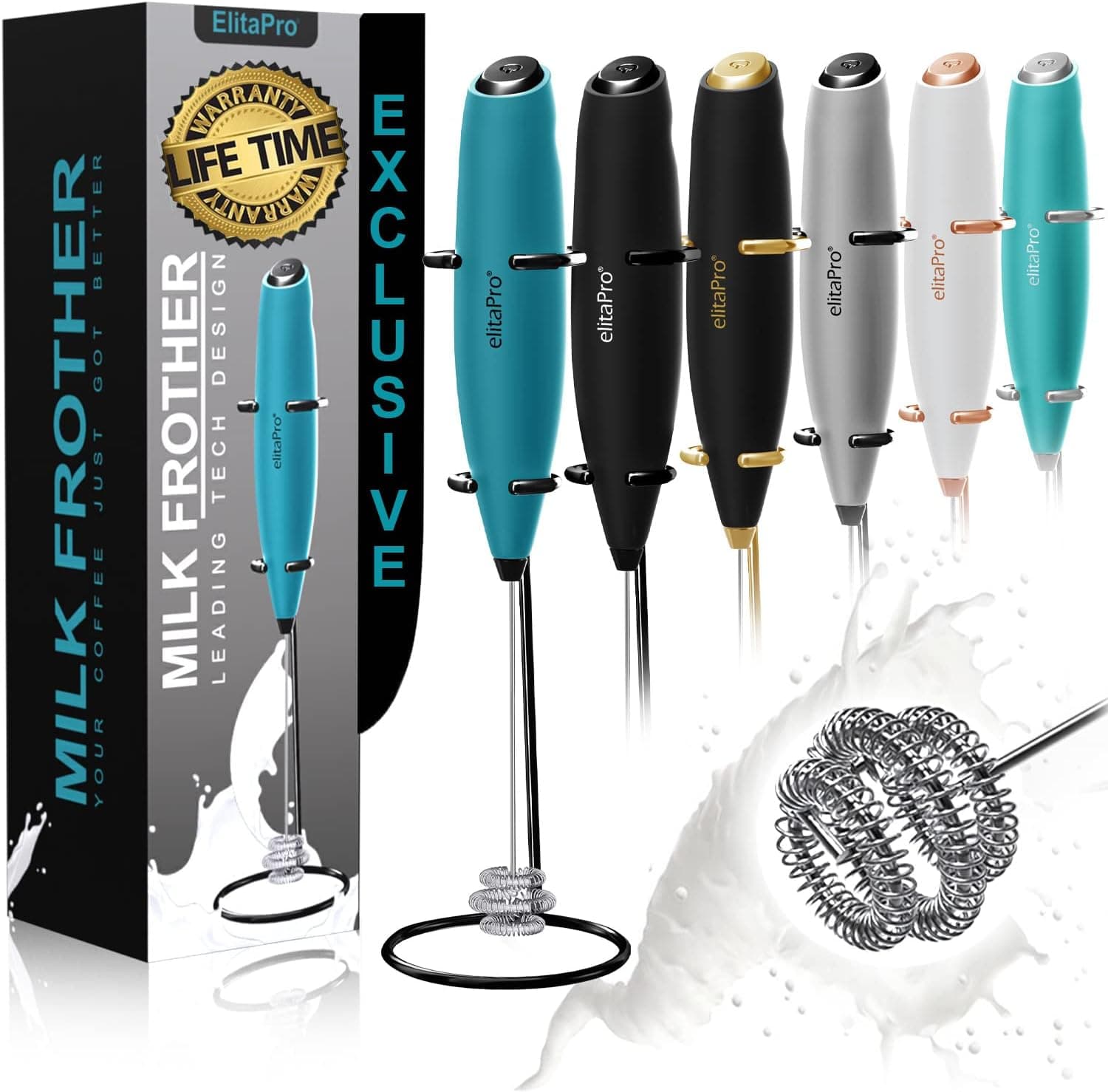 ElitaPro Luxury Edition, ‘Tornado’ effect Milk frother, Leading Tech Design, Triple Power Milk Frother Handheld, Rich Creamy Milk Foam in seconds (Teal/Black)