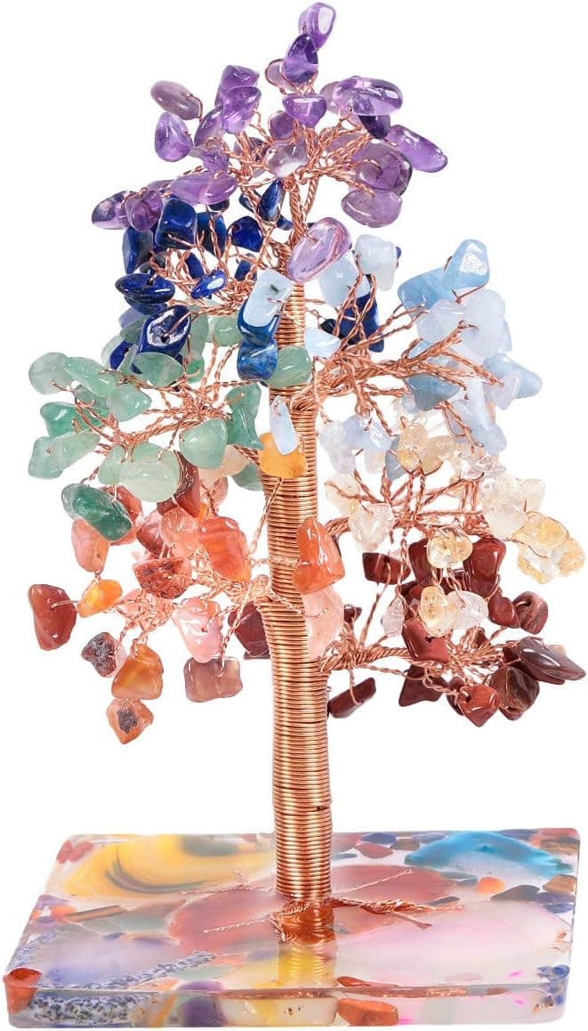 mookaitedecor 7 Chakra Crystal Tree, Tumbled Stones with Geode Agate Slice Base Money Tree Decoration for Wealth and Luck 4.7-6 Inches