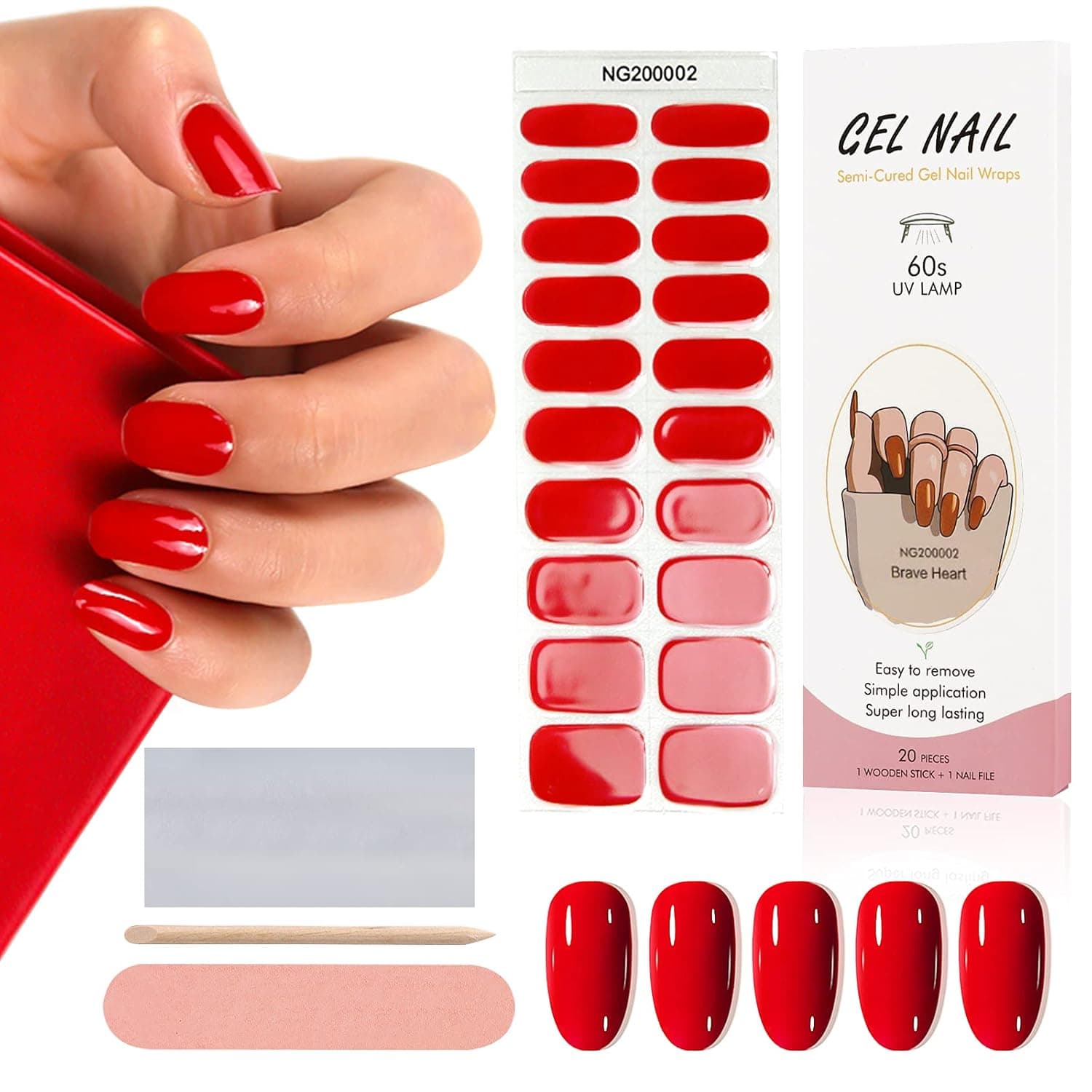 Kalolary 20PCS Semi Cured Gel Nail Polish Strips, Red Adhesive Full Wrap Gel Nail Art Sticker, Waterproof Gel Nail Wrap Stickers with Nail File and Stick(UV/LED Lamp Required)