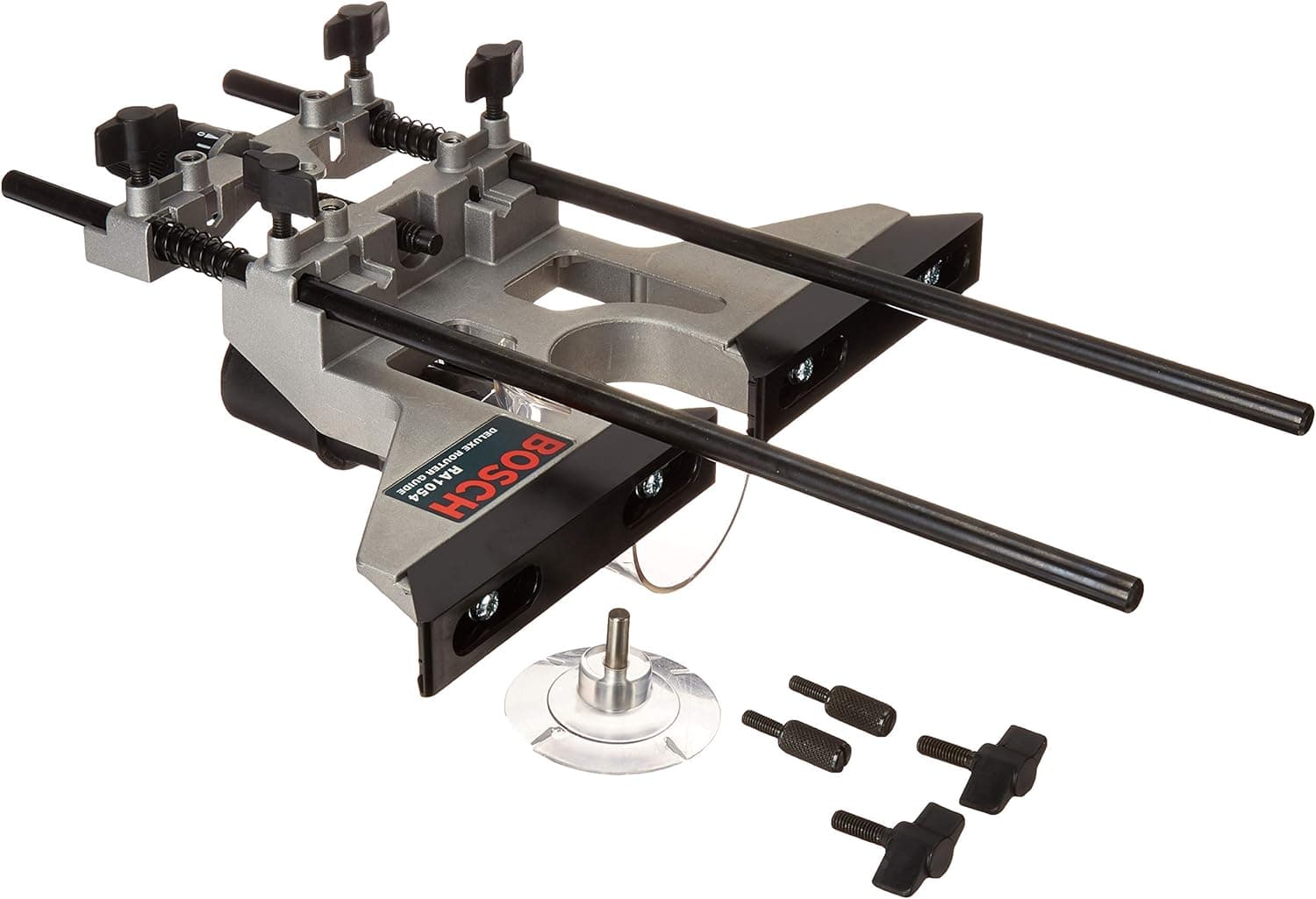 Bosch Deluxe Router Edge Guide with Dust Extraction Hood & Vacuum Hose Adapter RA1054 & Hiltex® 10100 Tungsten Carbide Router Bits | 15-Piece Set