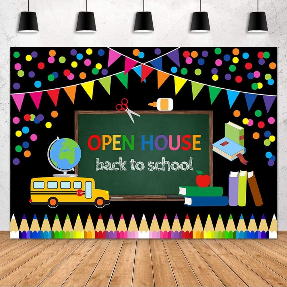 MEHOFOND Back to School Backdrop Open House Party Decorations Banner Kids First Day of in Person School Preschool Kindergarten Classroom Photography Background Photo Booth Prop Vinyl 7x5ft