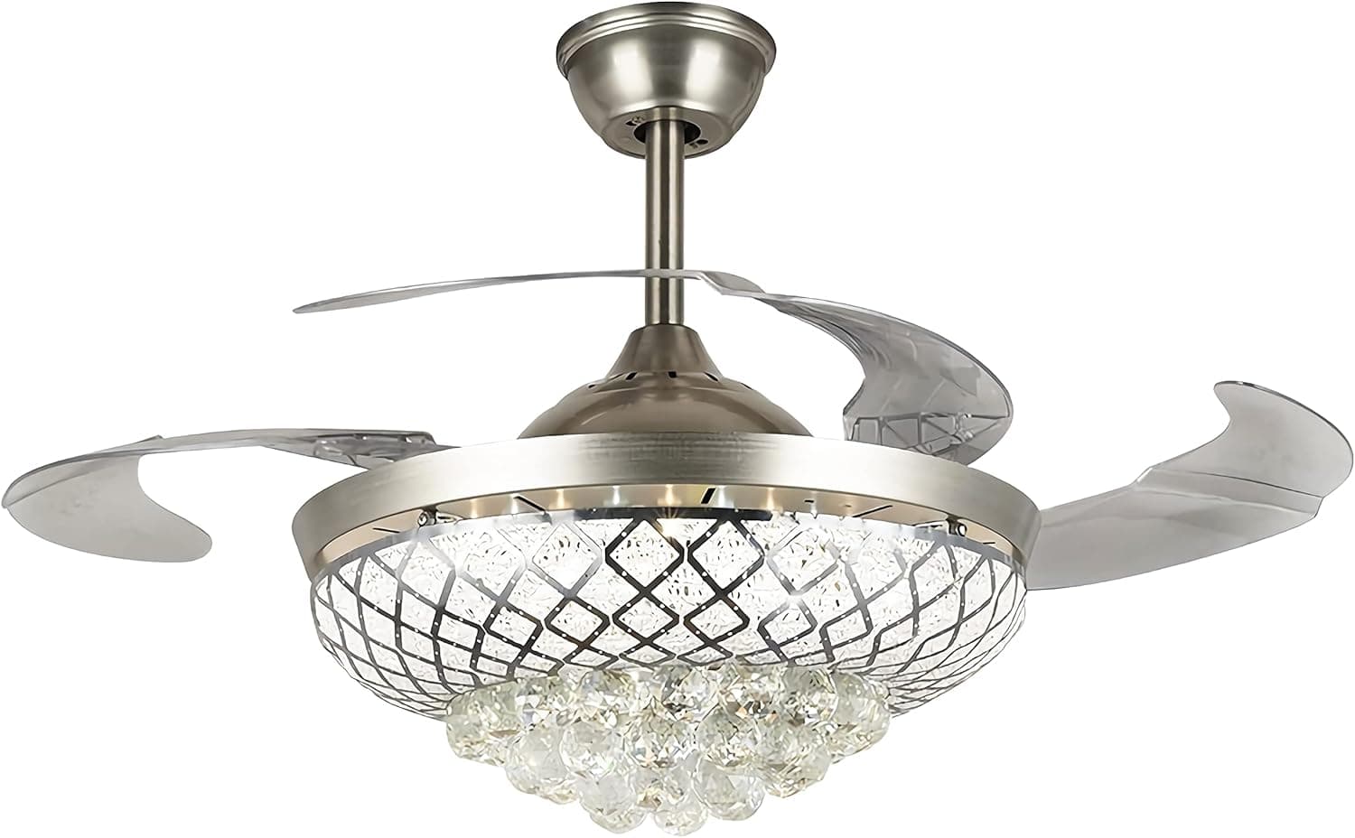 42 Inch Crystal Ceiling Fan with Light, Fandelier for Living Room, Modern Chandelier Fan with Retractable Blades 3 Colors 3 Speed (Silver)