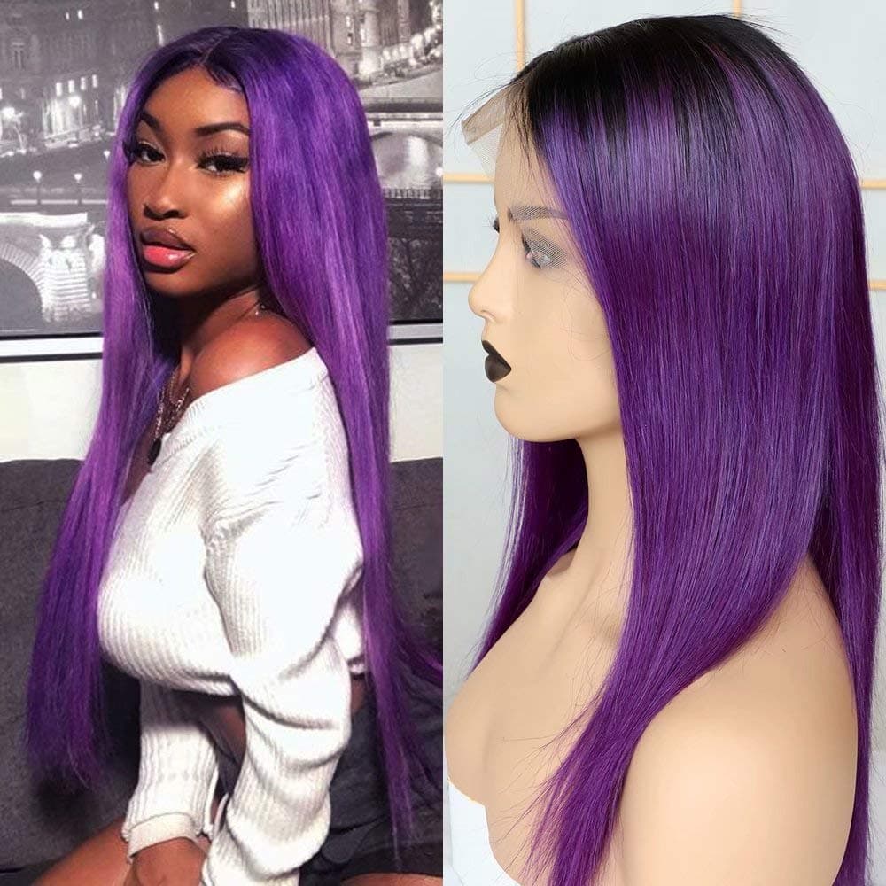 Maxfull Ombre 1B/Purple Lace Front Wig, 14 Inch Straight Human Hair Wigs, 13X4 Lace Frontal Wig With Pre Plucked Hairline, 130% Density Brazilian Hair Wigs