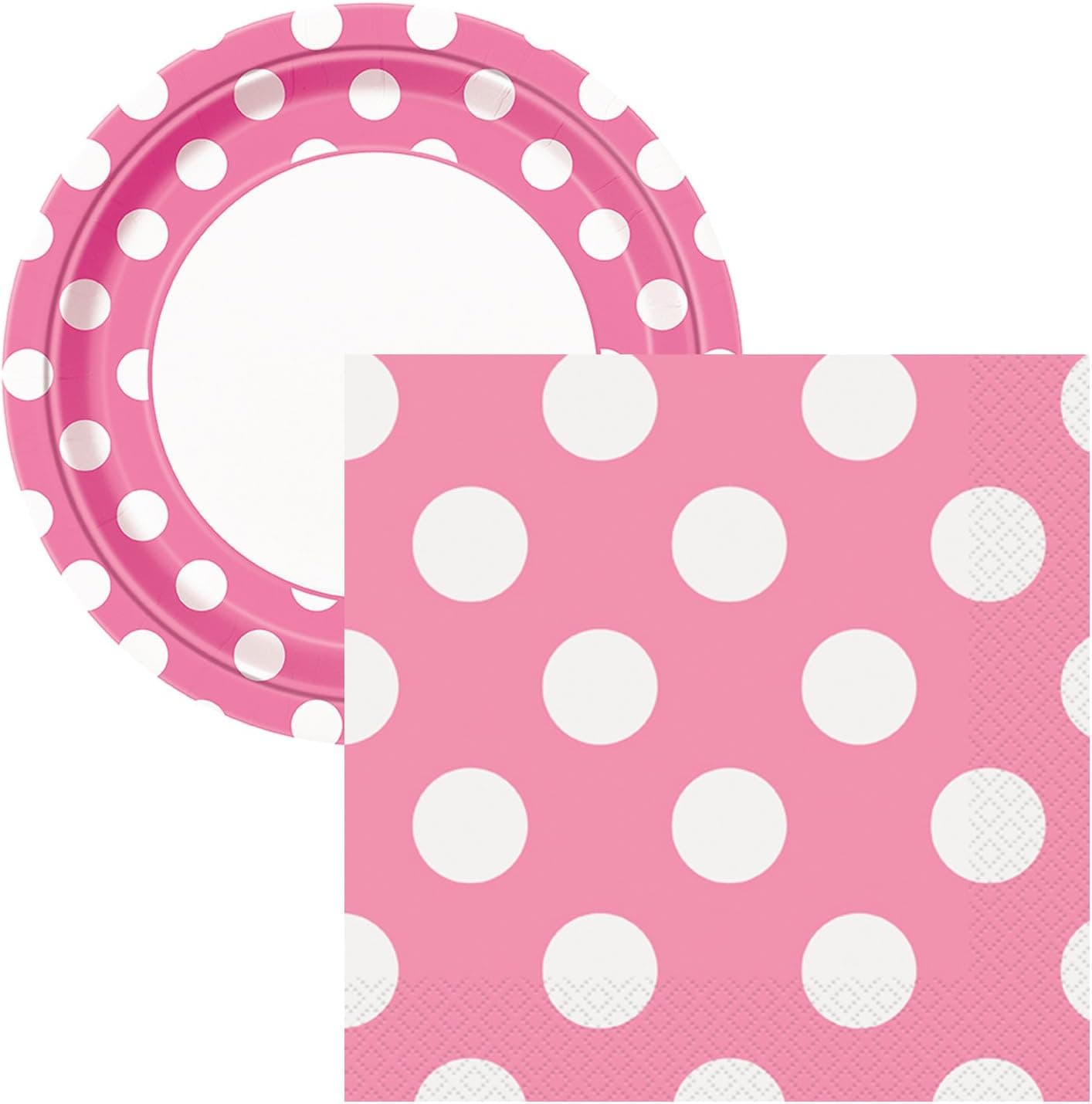 Elegant Entertaining Hot Pink Polka Dot Party Tableware Plate and Napkin Set Serves 16